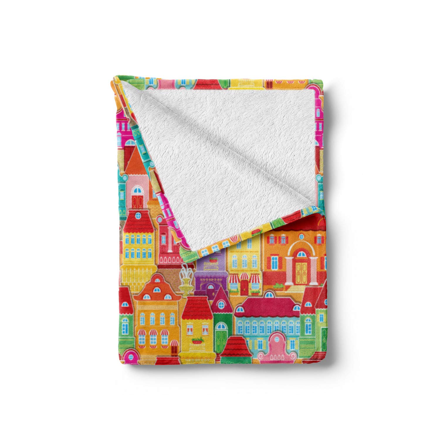 Ambesonne Cityscape Cartoons Throw Blanket - Soft Flannel Fleece European Architecture Art Blanket with Pillars & Fountains Urban View - 50