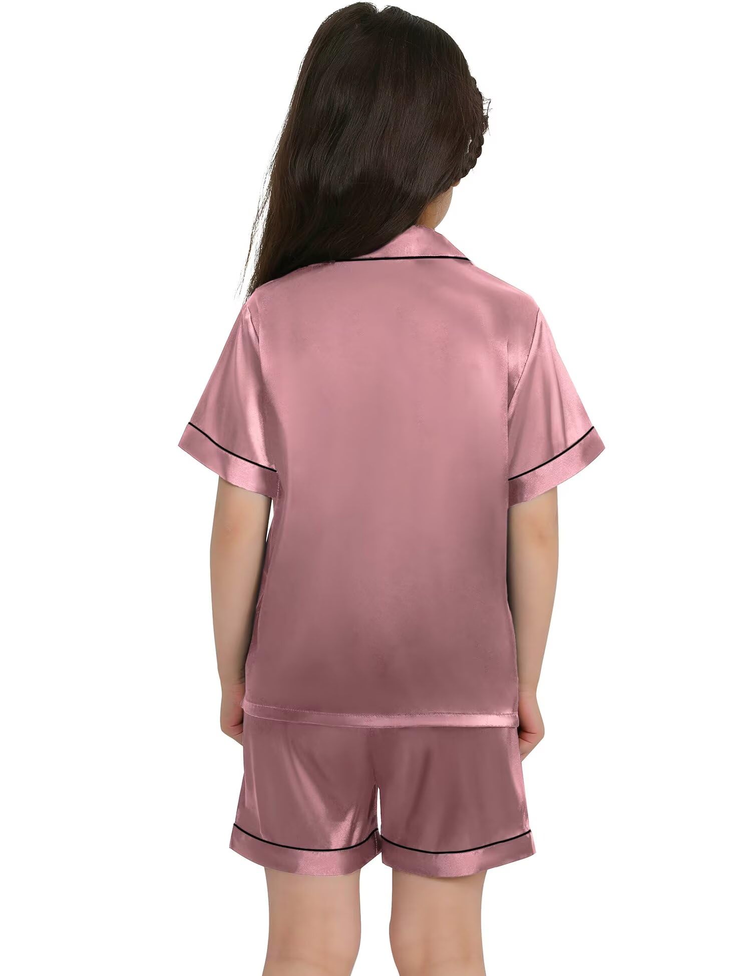 SWOMOG Kids Satin Pajama Set for Girls & Boys - Soft Button-Down Short Sleeve Silk Pjs, 2-Piece Comfortable Nightwear & Lounge Outfit - Perfect for Sleepovers, Bedtime & Relaxing at Home
