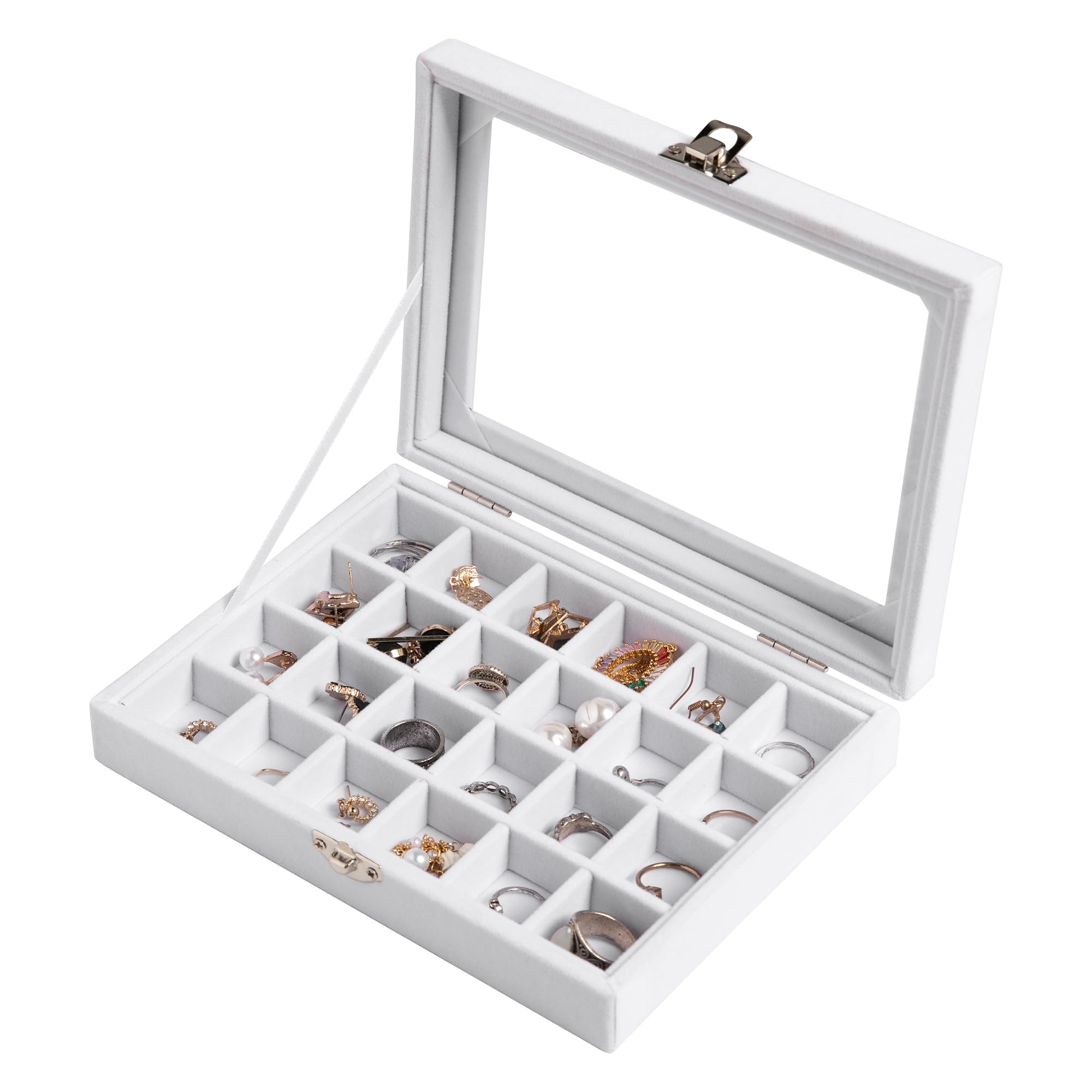 Frebeauty 24 Grid Velvet Jewelry Organizer Box with Clear Lockable Lid - Earring Holder, Ring Organizer for Women & Girls (White) | Perfect for Travel, Vanity, and Gift Giving