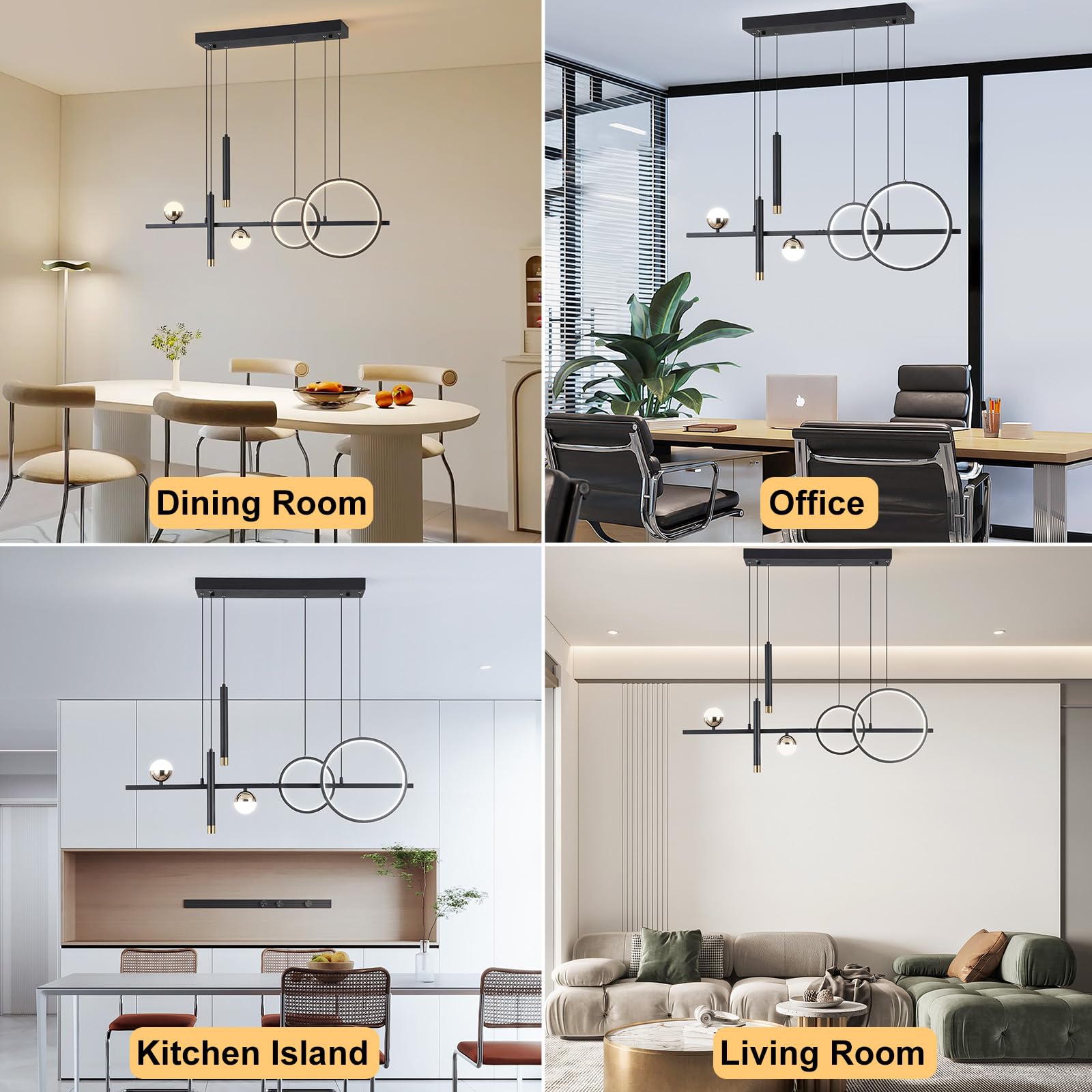 Modern LED Pendant Lights - Dimmable 39-inch Linear Wave Chandelier in Black & Gold, 2700lm Warm White Lighting for Dining Room, Kitchen Island & Table Decor | Energy-Efficient Hanging Fixture for Home & Restaurant Interior Design