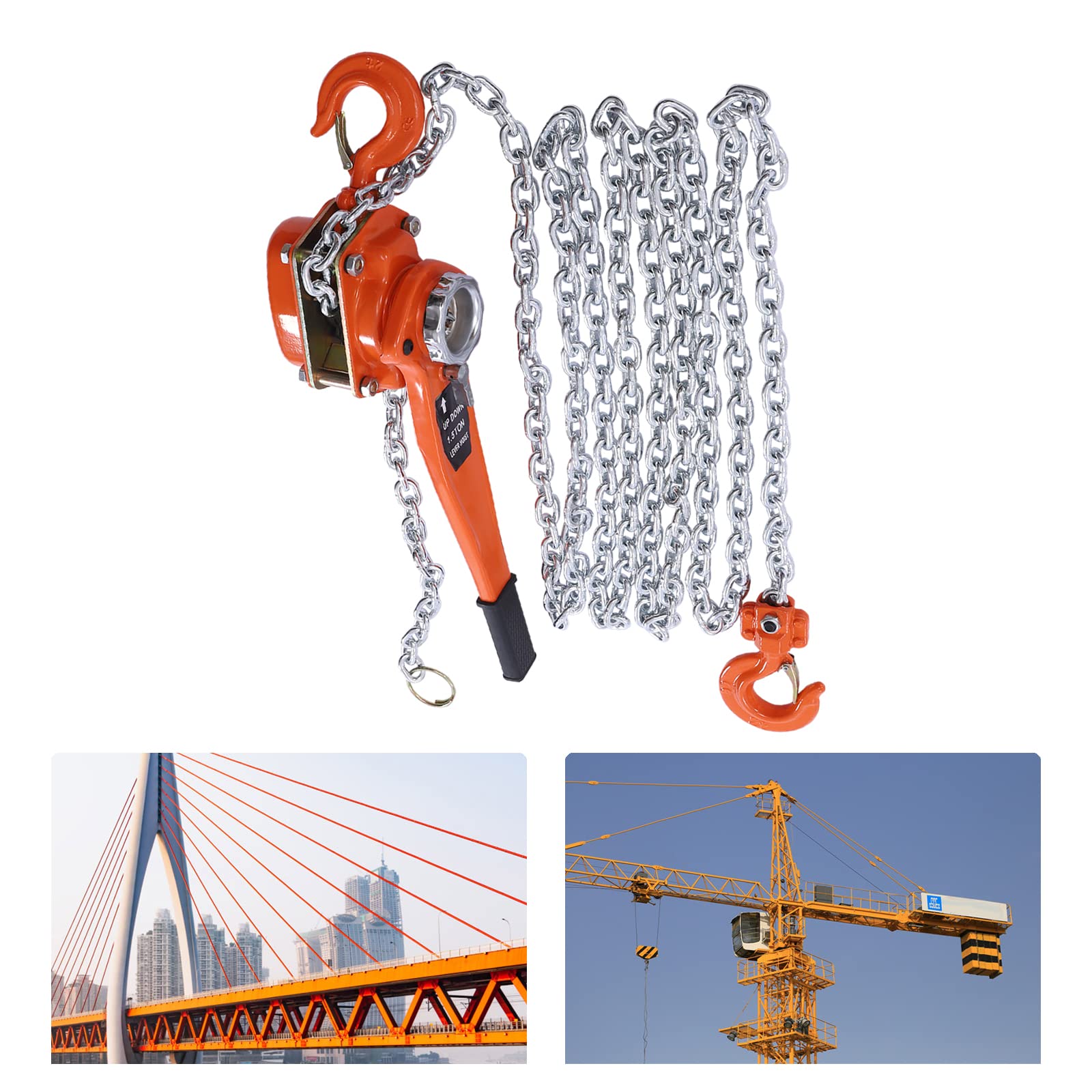 Heavy Duty Manual Lever Chain Hoist 3300LBS (1.5 Ton) with 20ft Lifting Chain - 7.1mm/0.3inch Orange Ratchet Hoist for Warehouse, Garage, Construction & DIY Projects