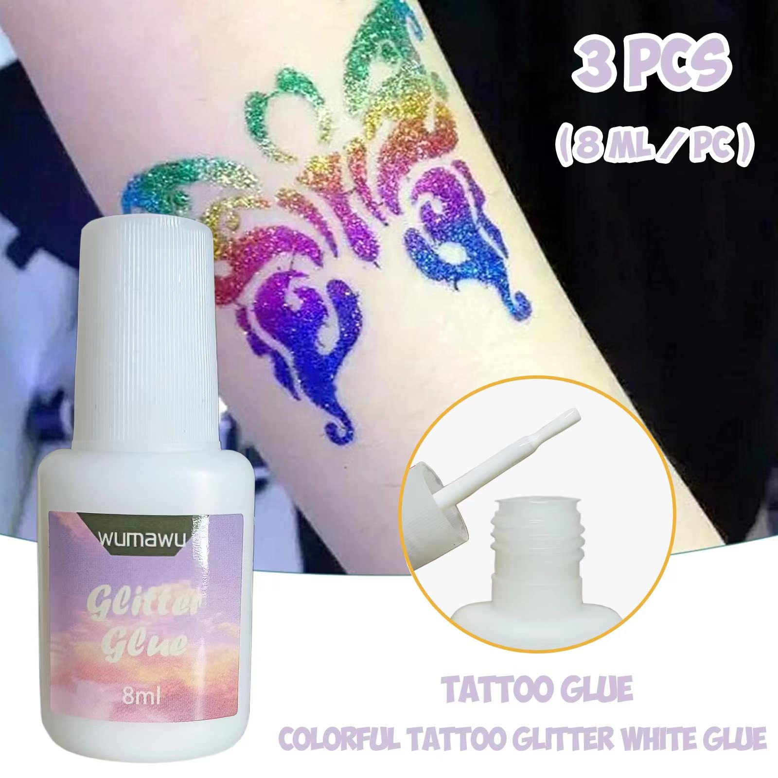 Wumawu Temporary Tattoo Glue - 8ml Water Soluble Glitter Adhesive with Brush Bottle for Body Art | Perfect for Halloween, Cosplay, Face Painting & Costume Events | Safe for Skin, Easy Wash Off (4 Pack)