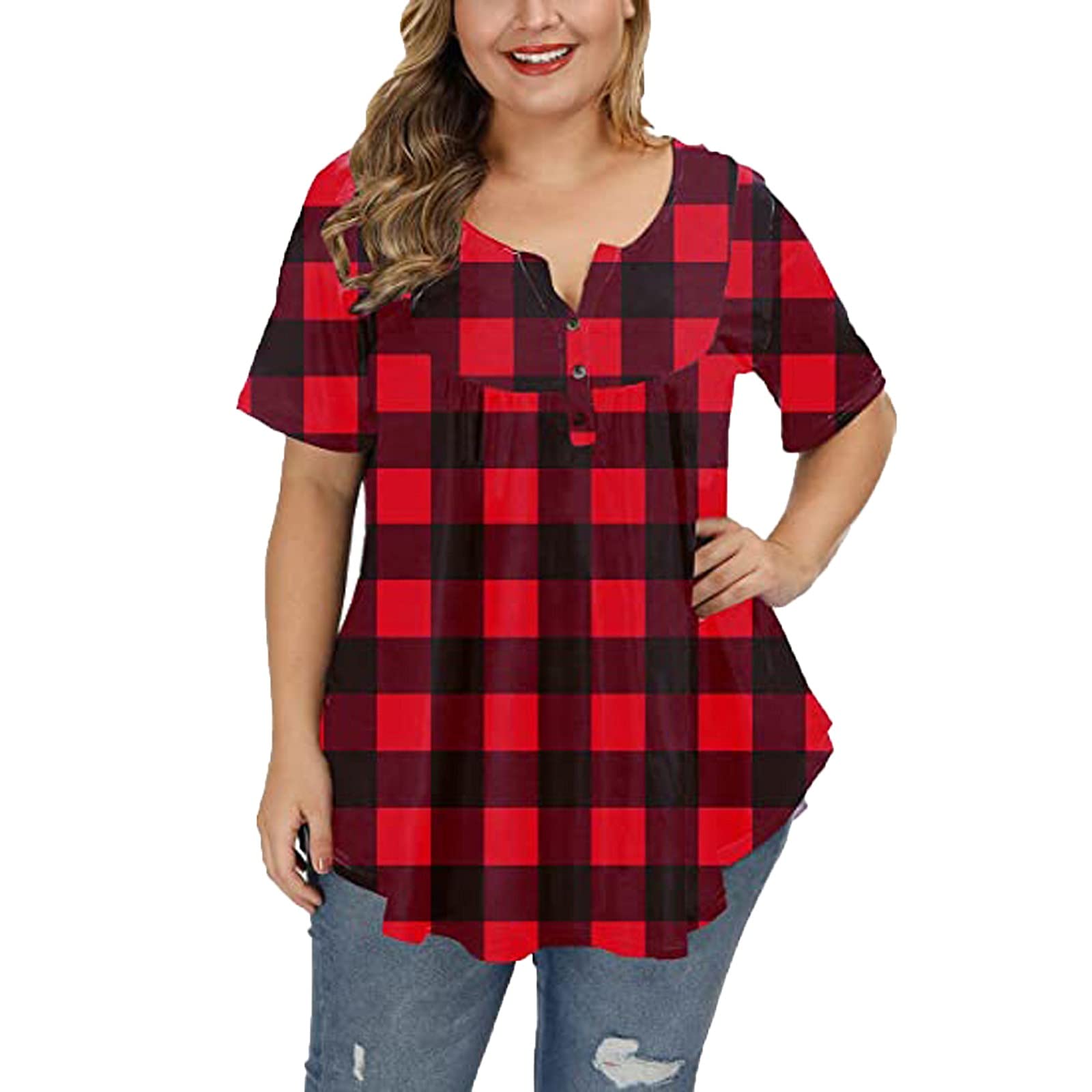 FMCHICO Women's Plus Size Summer Blouses - V Neck Henley Button Up Tunic Tops with Ruffles & Flowy Short Sleeves | Casual T-Shirts for Beach, Vacation & Everyday Wear