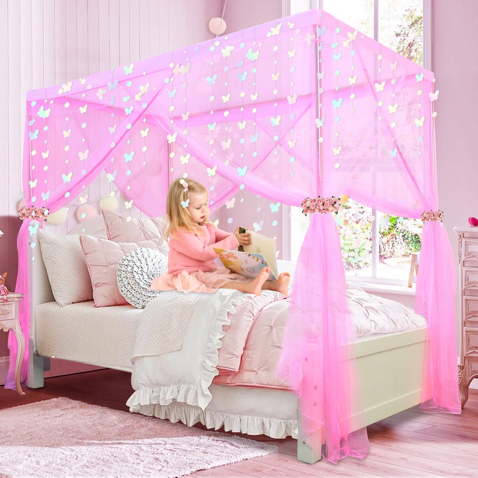 Princess Canopy Bed Curtains for Girls - Pink Twin Size 79