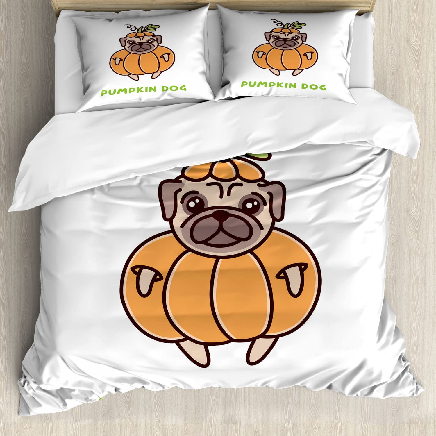 Ambesonne Halloween Duvet Cover Set - King Size 2-Pack with Pumpkin Dog Typography & Cartoon Pug Costume Print | Includes 2 Duvet Covers & 4 Pillowcases in Apricot Green & White | Perfect for Spooky Bedroom Decor, Themed Parties & Cozy Fall Nights