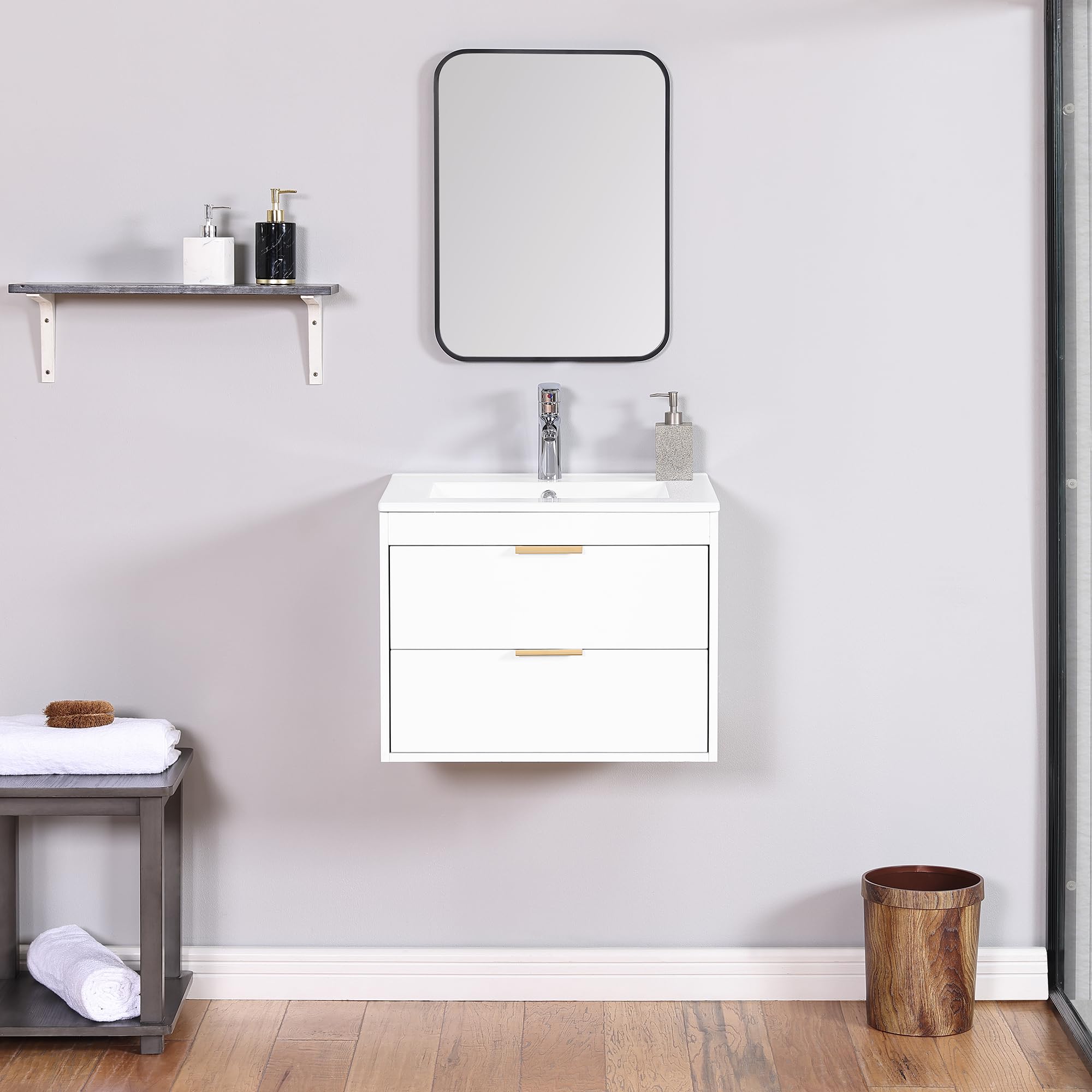 Polibi 24 Inch Floating Wall-Mounted Bathroom Vanity with Integrated Top Sink - White Modern Bathroom Storage Cabinet with 2 Drawers - Perfect for Small Bathrooms, Powder Rooms & Space-Saving Home Decor