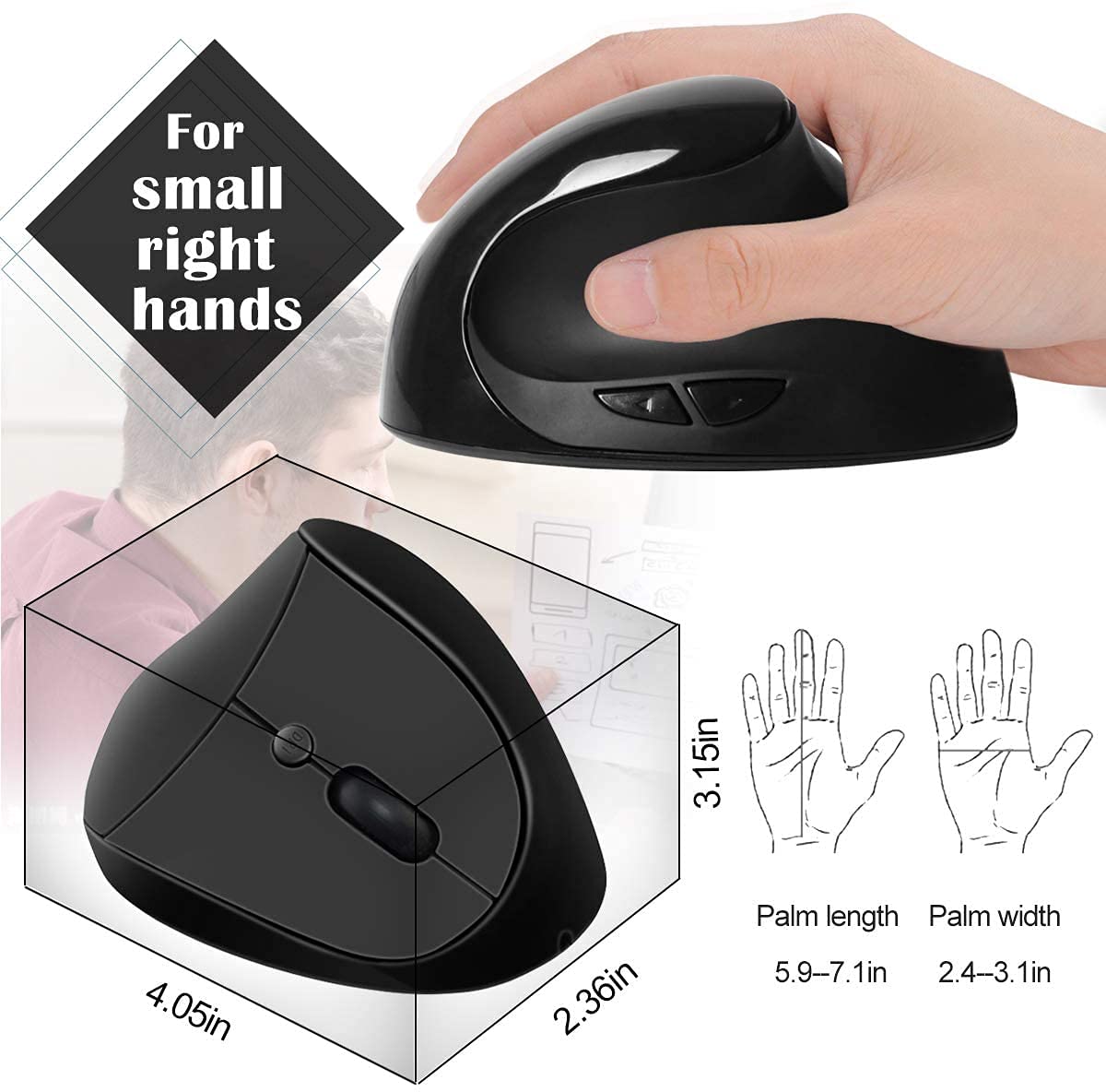 Wireless Vertical Ergonomic Mouse - Rechargeable 2.4G Silent Optical USB Mouse with Adjustable DPI (1000/1200/1600) & 6 Buttons for PC, Laptop, Desktop - Black | Perfect for Office Work, Gaming & Long Computer Sessions
