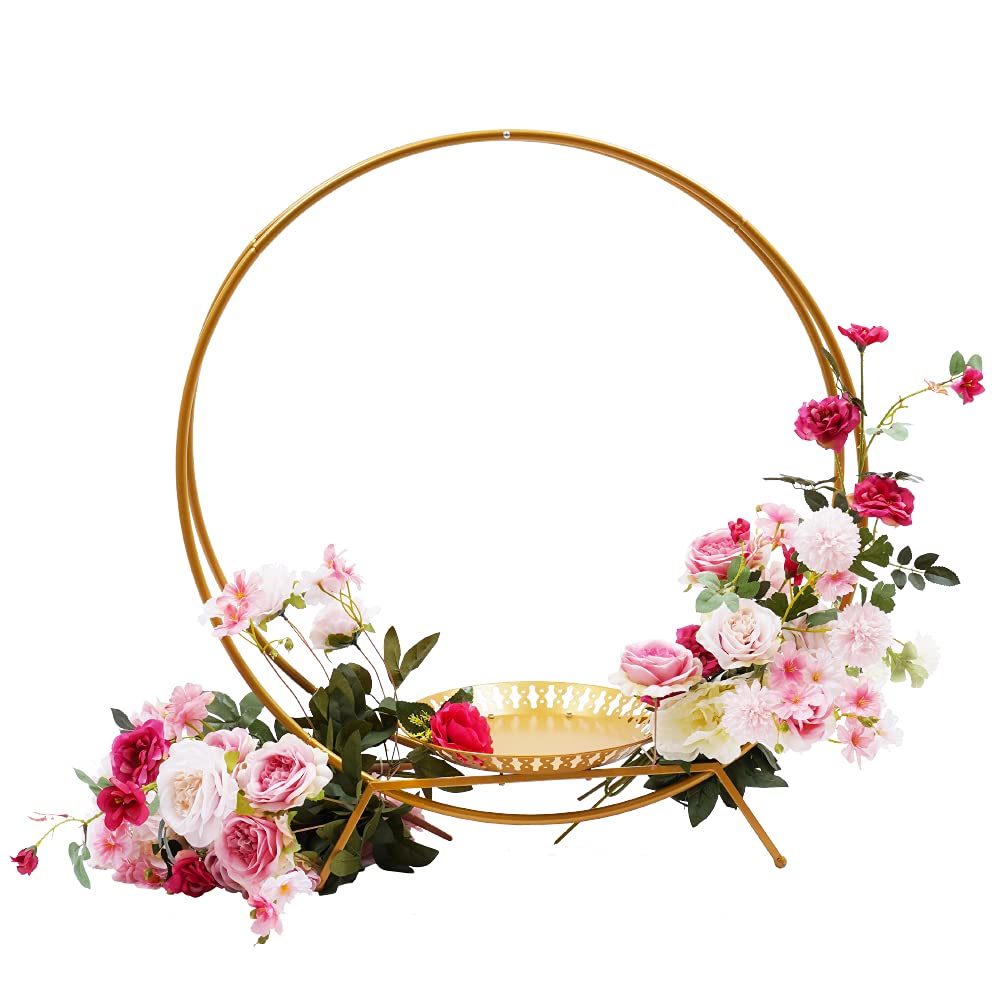 YIYIBYUS 31.5 Inch Gold Wedding Cake Stand & Floral Hoop - Elegant Metal Balloon Arch Decor for Wedding, Birthday, Graduation Parties | Perfect for Centerpieces, Photo Backdrops & Event Decorations