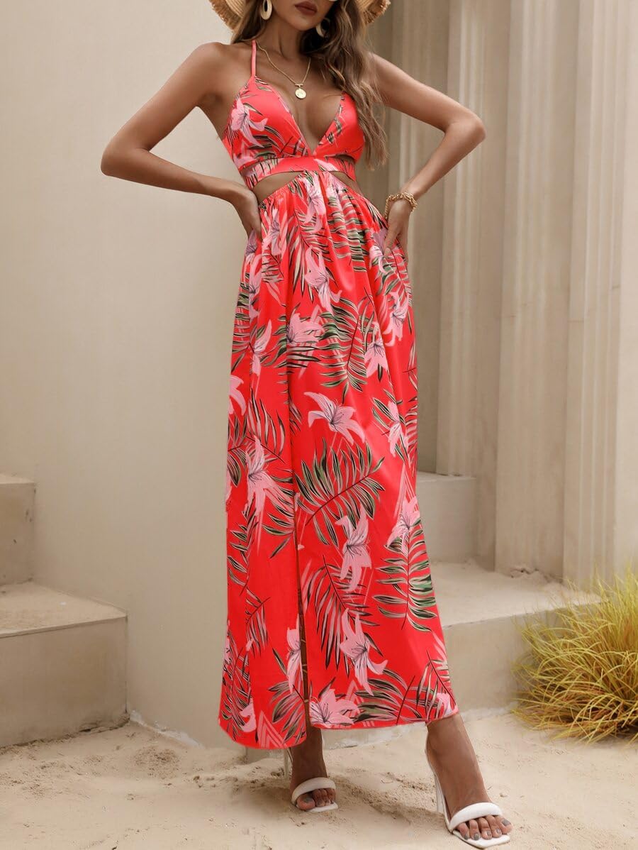 Women's Summer V-Neck Maxi Floral Dress - Tropical Hawaiian Luau Beach Dress with Side Slit | Perfect for Beach Vacations, Pool Parties & Summer Outings