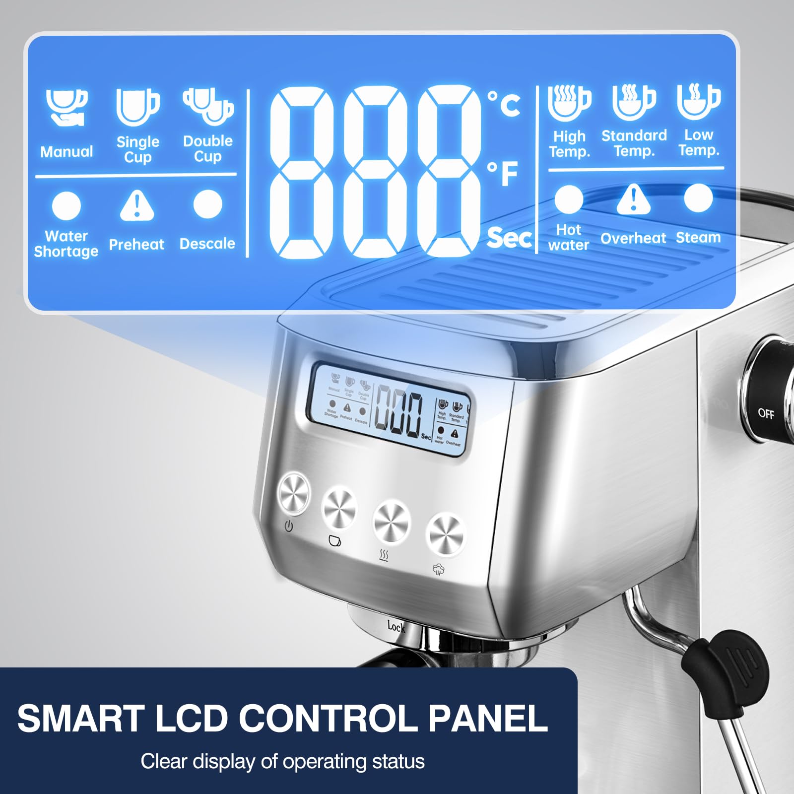 AMZCHEF 20 Bar Espresso Machine with LCD Panel & Adjustable Temperature - Compact Cappuccino Maker for Home Use, Perfect Coffee Gift for Holidays, Office or Small Kitchen Spaces