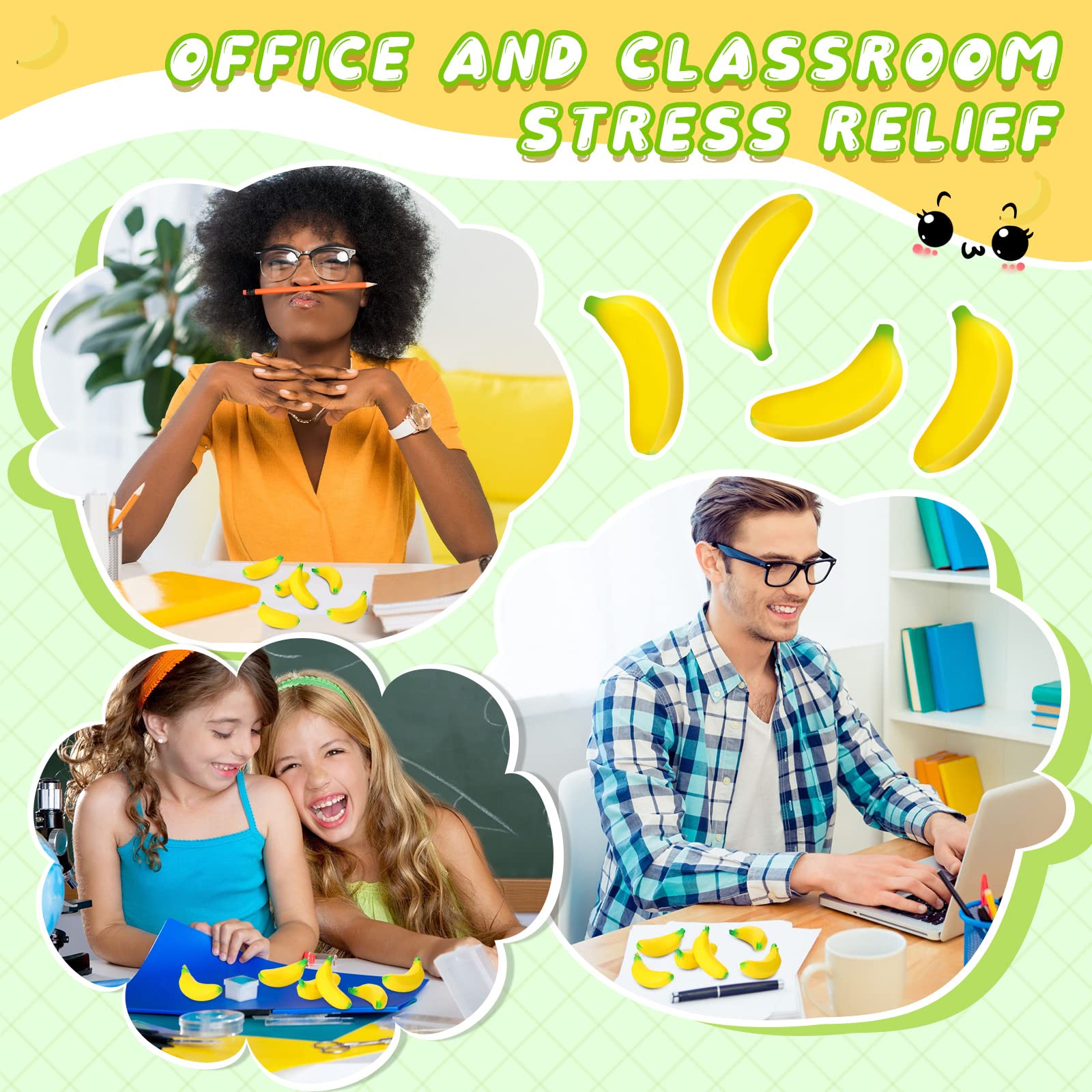 Jerify 100 Pcs Stretchy Banana Stress Relief Toys - Realistic PU Foam Fidget Toys for Adults & Teens (2.36 Inch) - Perfect for Anxiety Relief, Office Desk, Classroom & Party Favors