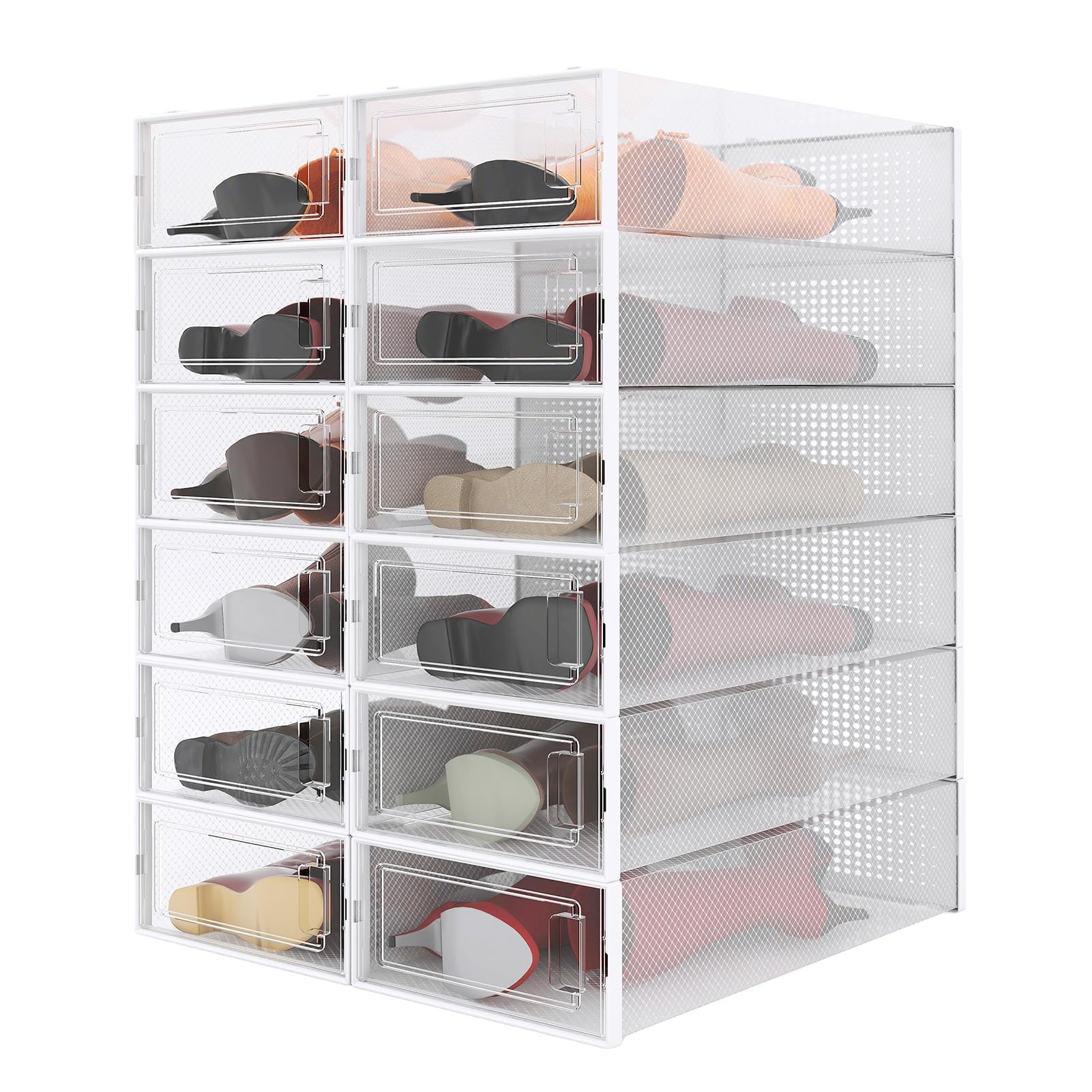 PARANTA 12-Piece Extra Large Clear Plastic Shoe Storage Boxes - Stackable Boot & Shoe Organizer for Sneakers, High Heels & Boots - Space Saving Closet & Entryway Organization Solution for Home & Office
