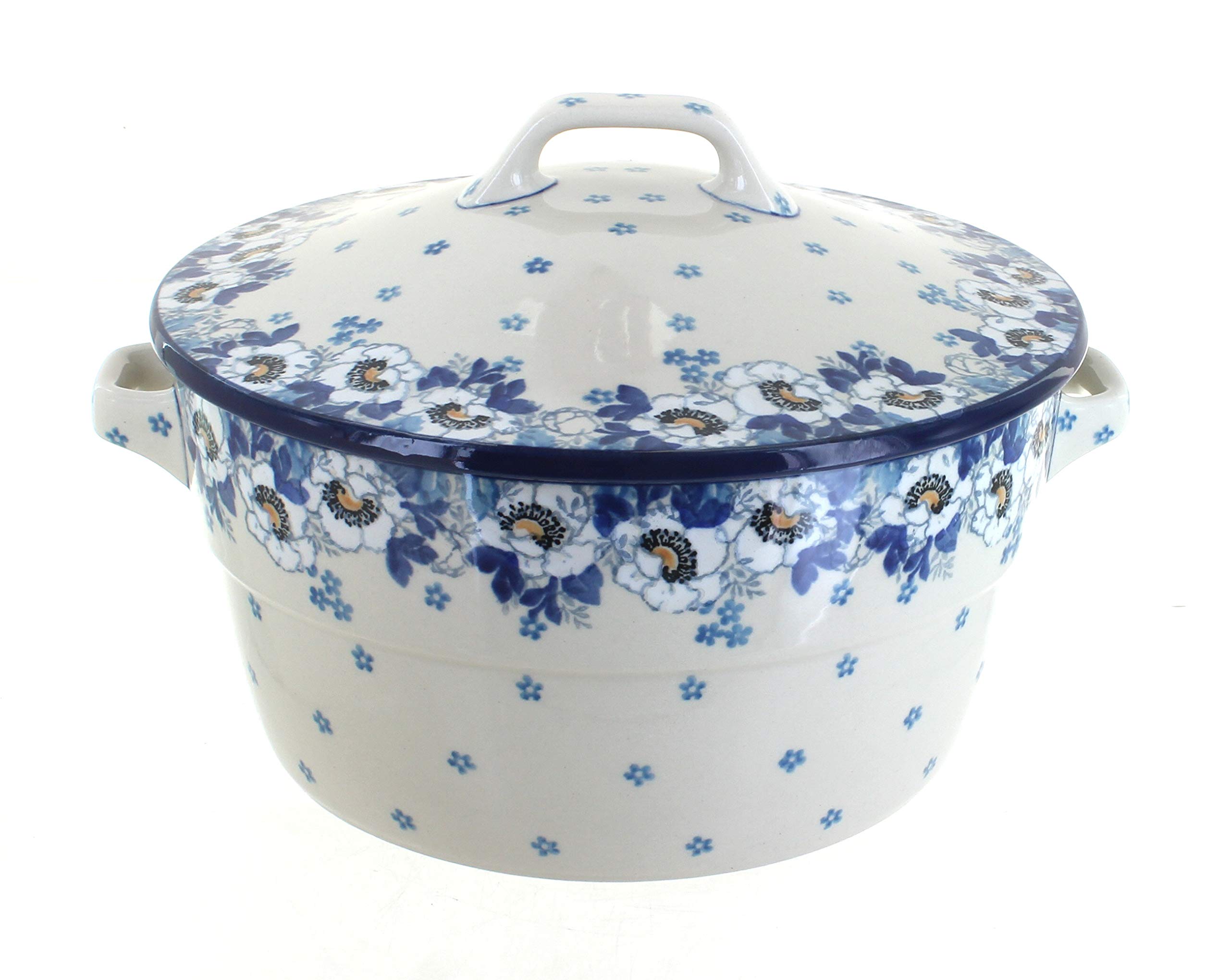 Blue Rose Polish Pottery Georgia Blue Covered Round Baker - Handmade Ceramic Baking Dish for Casseroles, Pies & Bread | Perfect for Holiday Dinners & Rustic Kitchen Decor