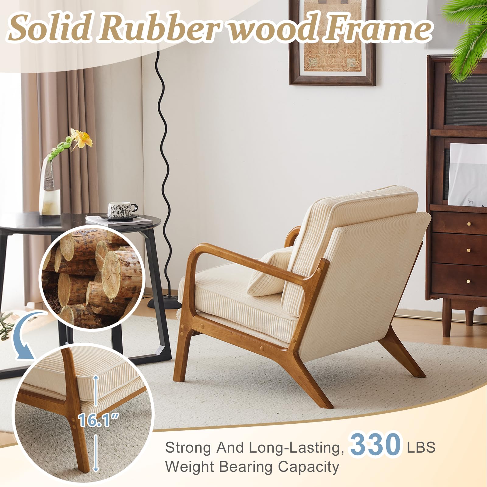 Premium Corduroy Accent Chairs Set of 2 - Mid Century Modern Upholstered Armchairs with Solid Wood Frame & Lumbar Pillow - Comfy Reading Chairs for Living Room, Bedroom, Office - Beige Home Decor