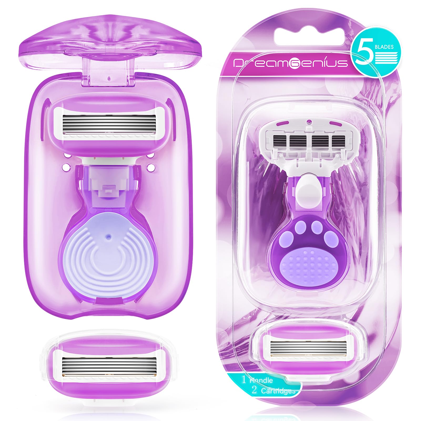 DreamGenius 5-Blade Women's Travel Razor with 2 Cartridges & Case - Ultra Smooth Shaving for Legs, Underarms & Bikini Line - Perfect for Vacation, Gym & On-The-Go Grooming (Purple)