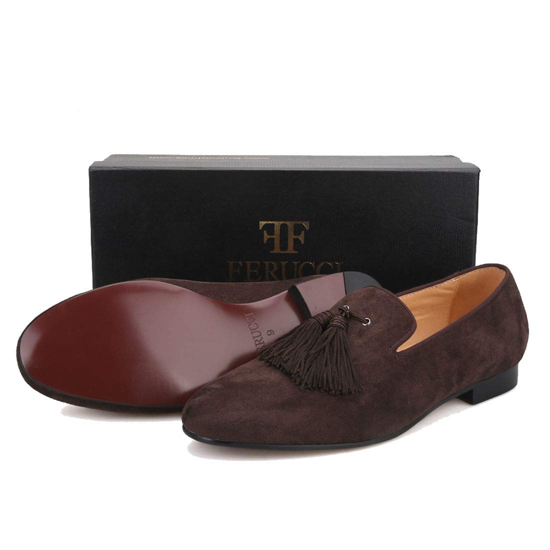 FERUCCI Men's Dark Brown Suede Loafers - Comfortable Slip-On Slippers with Big Tassel | Casual Indoor & Outdoor Wear for Home, Office, and Travel