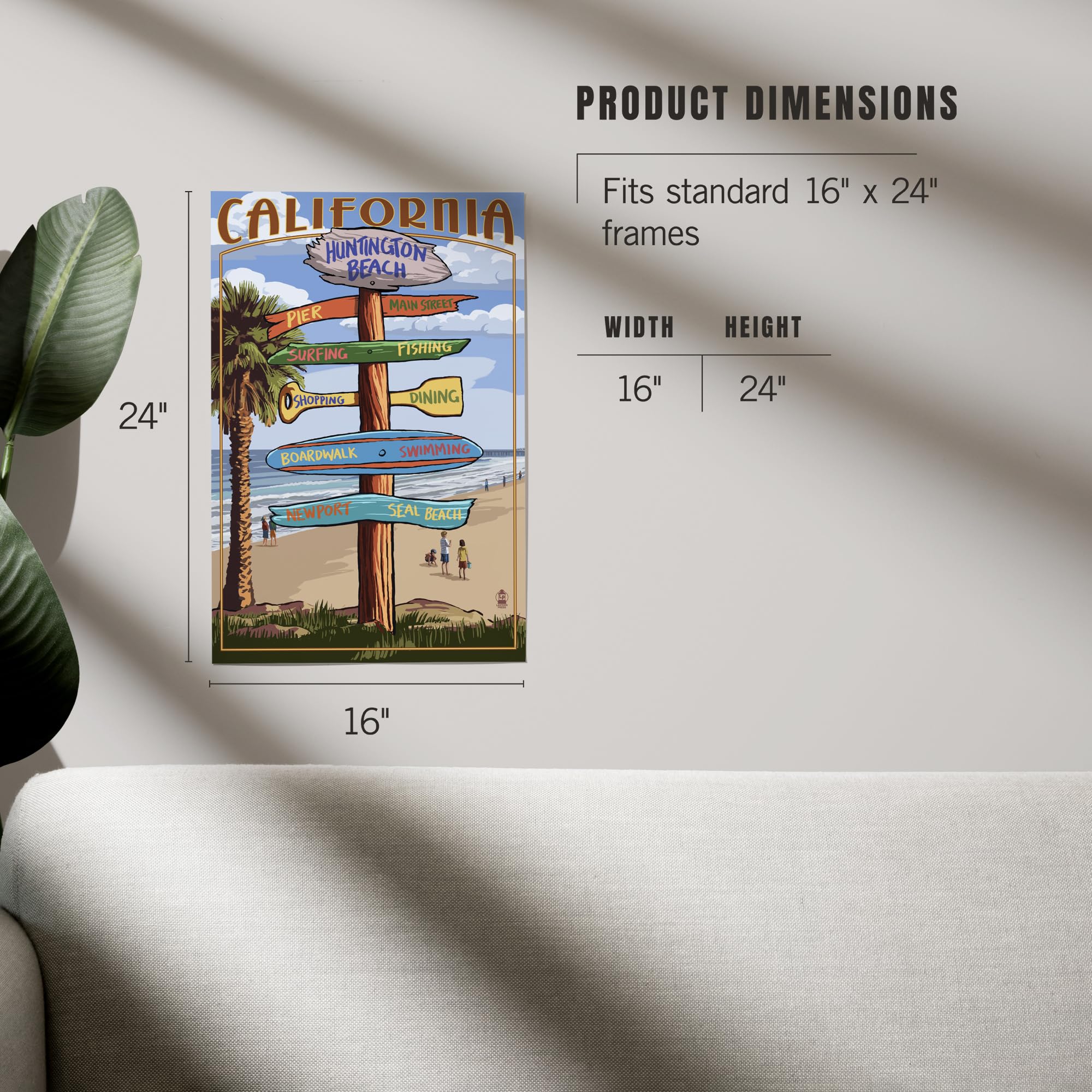 Lantern Press 16x24 Inch Giclee Art Print - Huntington Beach California Coastal Wall Decor - Perfect for Beach House, Living Room & Office Wall Art