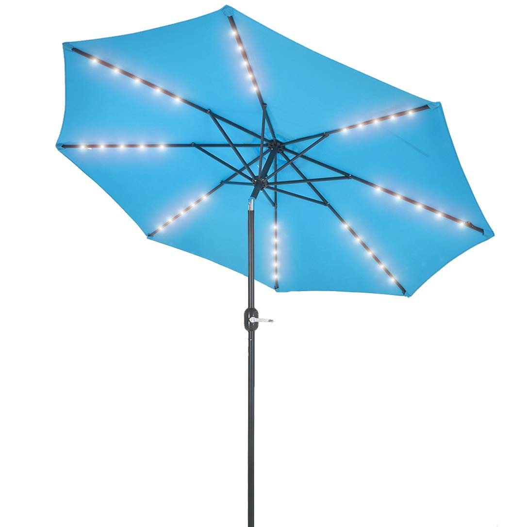 10FT Solar Patio Umbrella with 40 LED Lights - Push Button Tilt & Crank, 8 Steel Ribs, Blue - Perfect for Outdoor Dining, Poolside Lounging & Backyard Relaxation