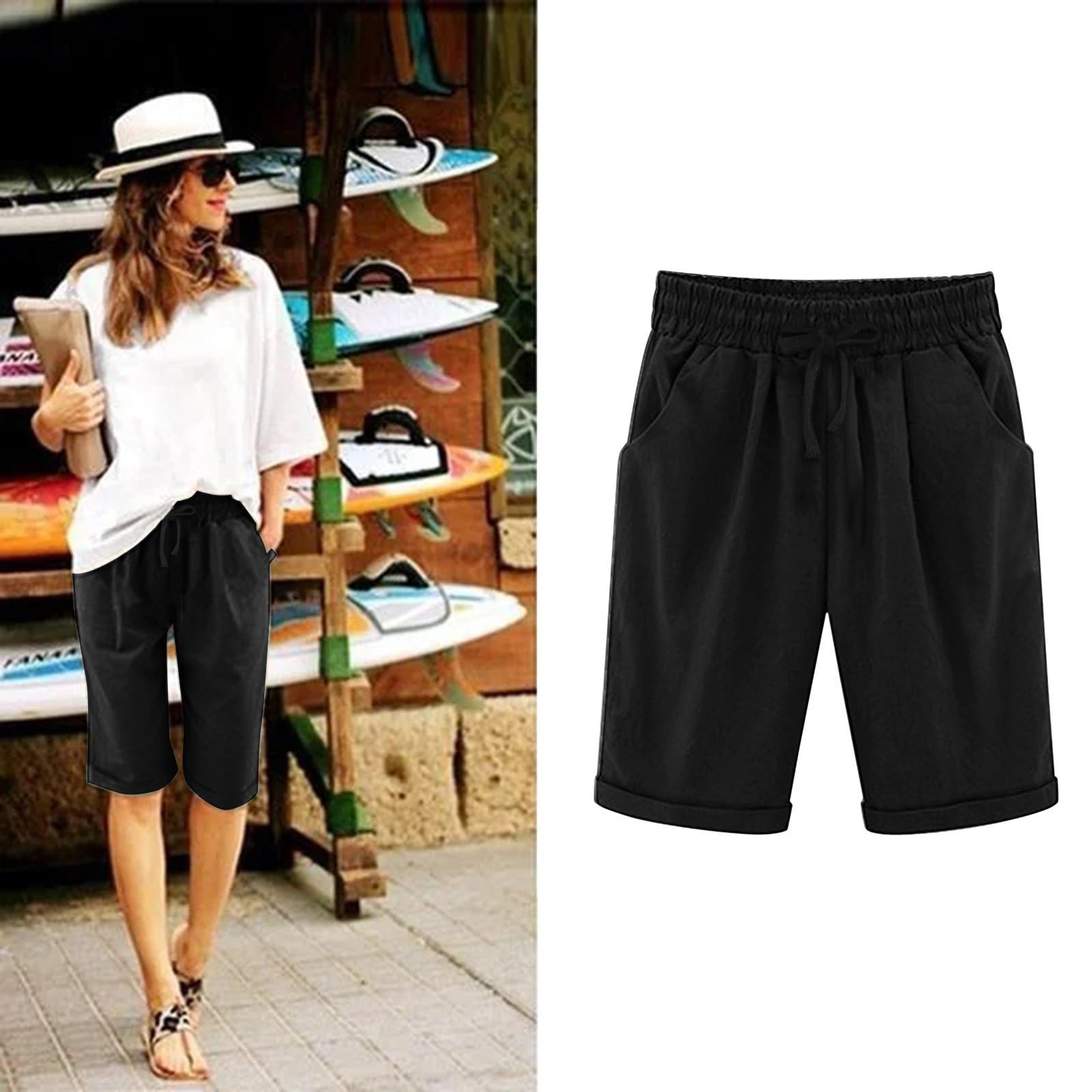 Trendy Women's Bermuda Shorts - Elastic Waist, Knee-Length for Casual Wear
