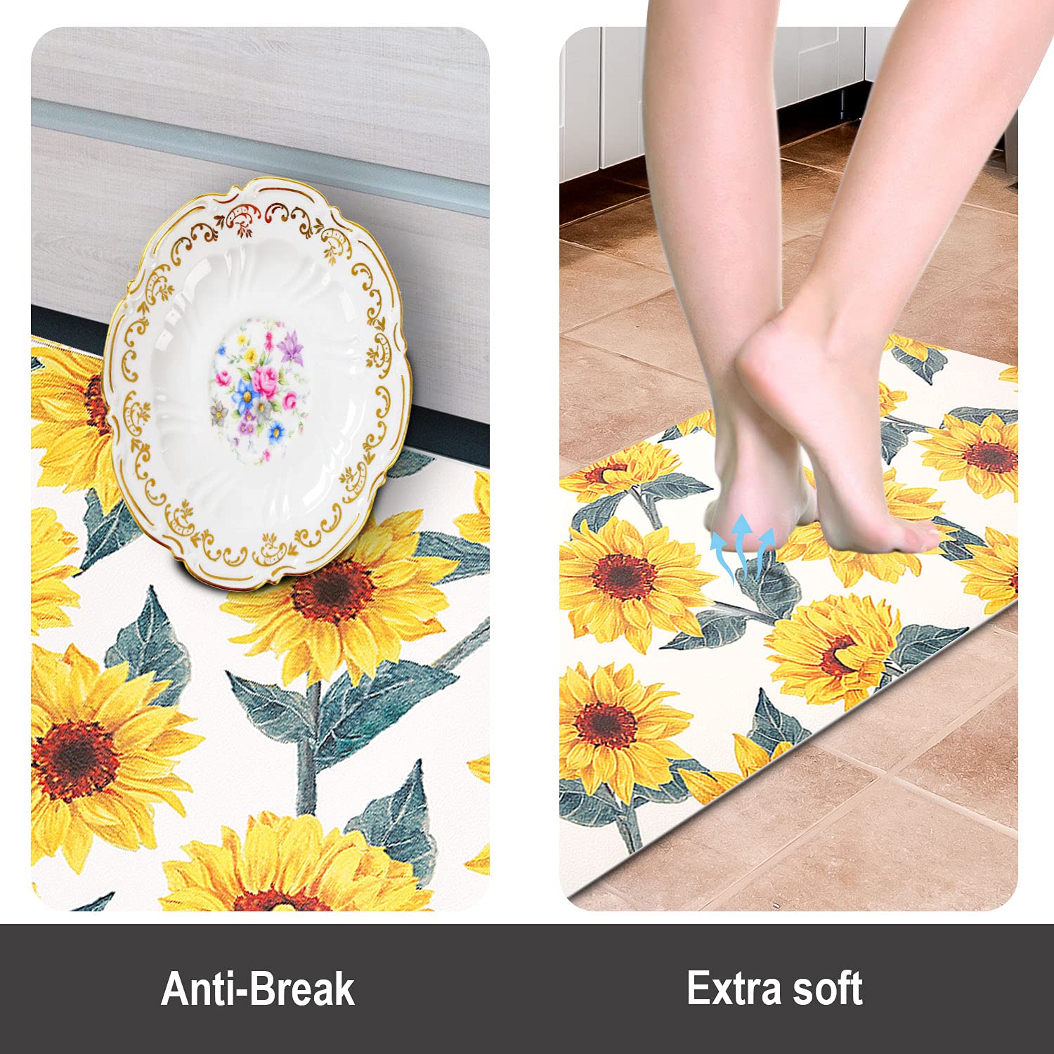 Sunflower Kitchen Rugs Set of 2 - Non Slip PVC Floor Mats for Comfortable Standing in Kitchen & Entryway Decor