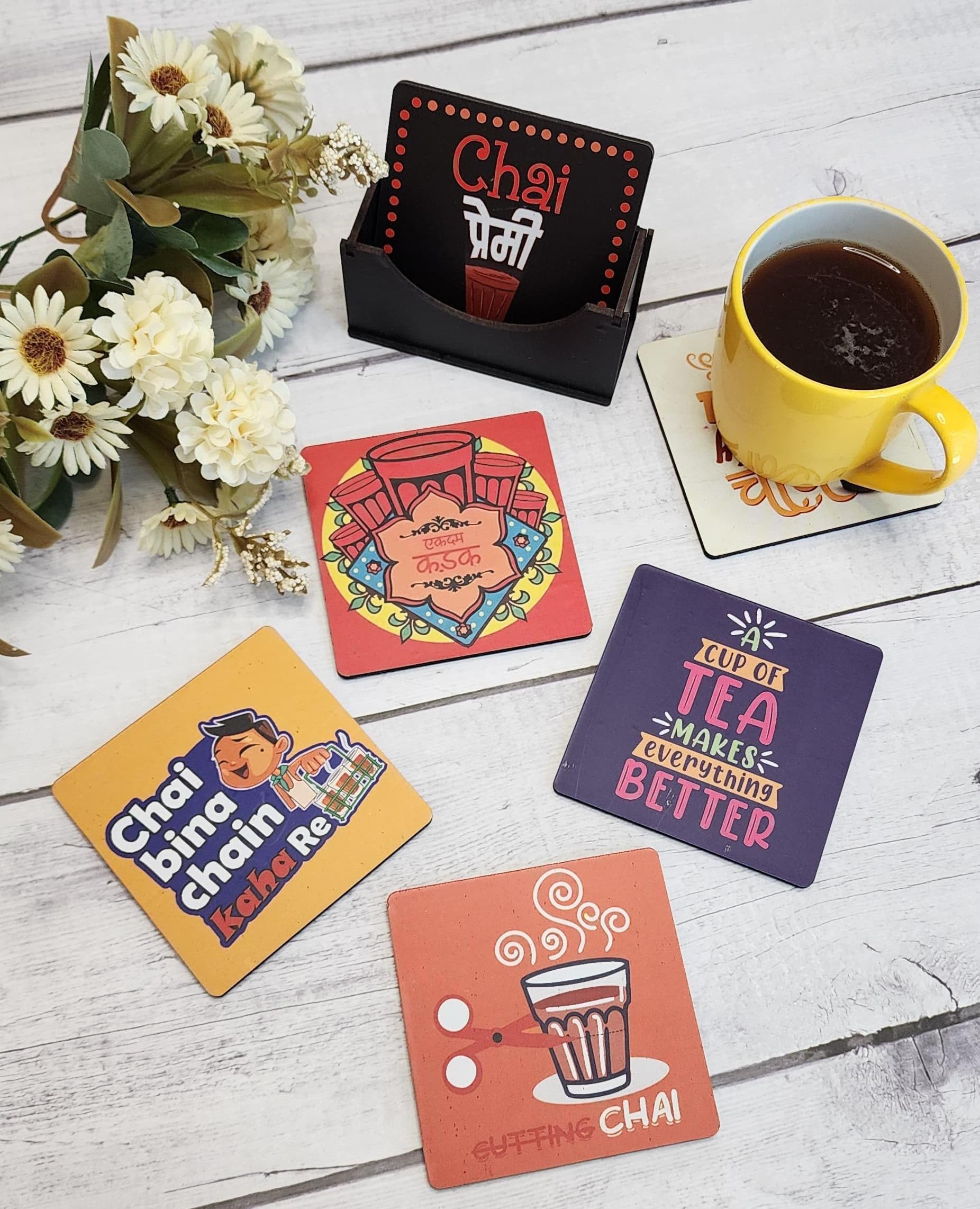 My Creative Hut Set of 6 Tea Coasters - Beautiful Absorbent Cork Drink Coasters for Tea Cups, Coffee Mugs & Glasses with Stand - Perfect for Home, Office & Diwali Gifting (Chai Nukkad) - Protect Tables from Spills & Stains
