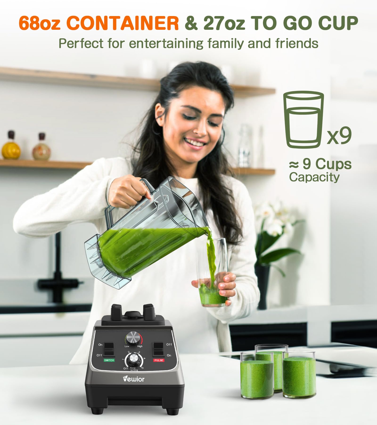 VEWIOR 2200W High-Speed Professional Blender for Smoothies, Shakes & Ice Crushing - 68oz BPA-Free Tritan Jar & 27oz Travel Cup - Perfect for Home Kitchen, Juice Bars & Healthy Lifestyles