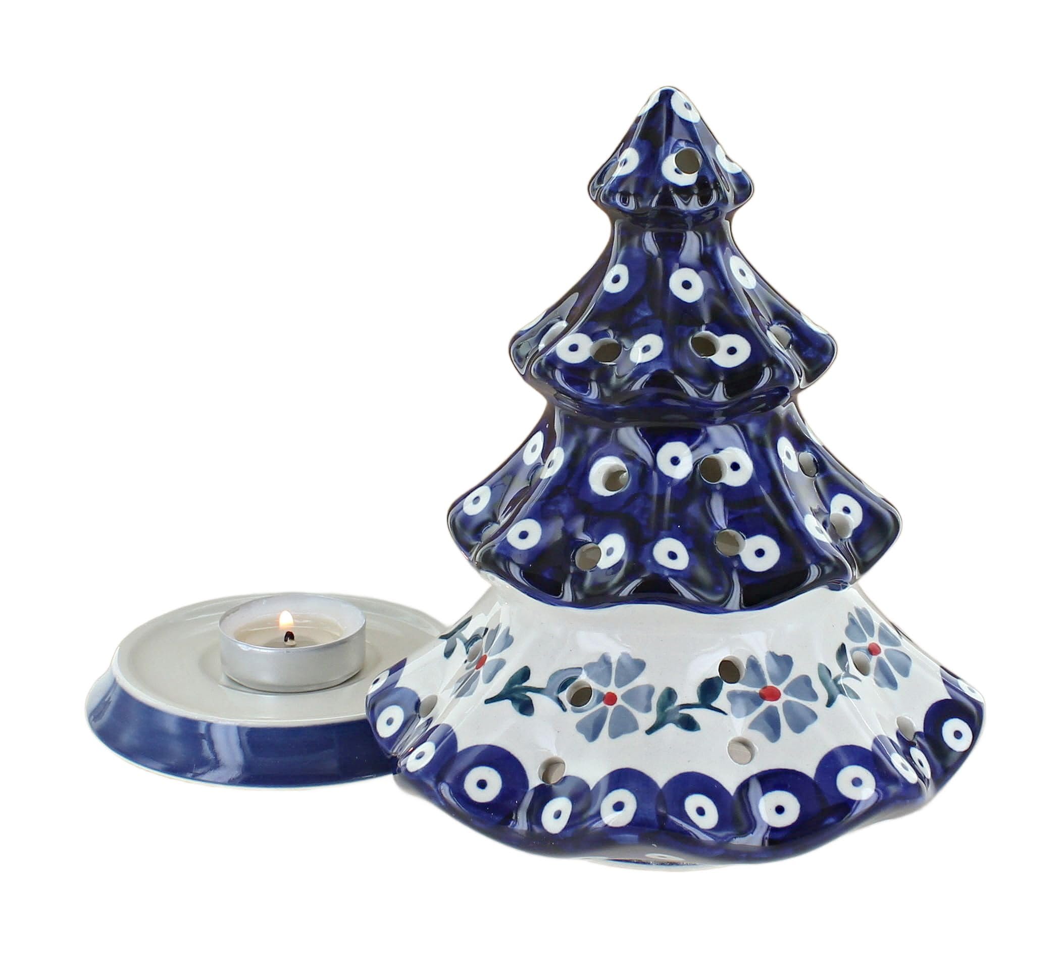 Handmade Blue Rose Polish Pottery Luminary - Blue Violet Tree Design for Home Decor, Wedding Centerpiece & Holiday Gift