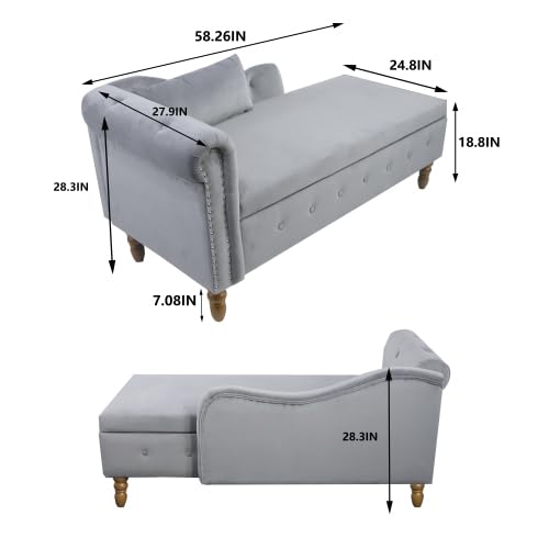 Luxury Velvet Chaise Lounge Chair with Storage - Button Tufted Upholstered Sofa with Lumbar Pillow & Rolled Arms - Modern Chaise for Living Room, Bedroom, Office - Grey - Perfect for Relaxing, Reading & Small Space Decor