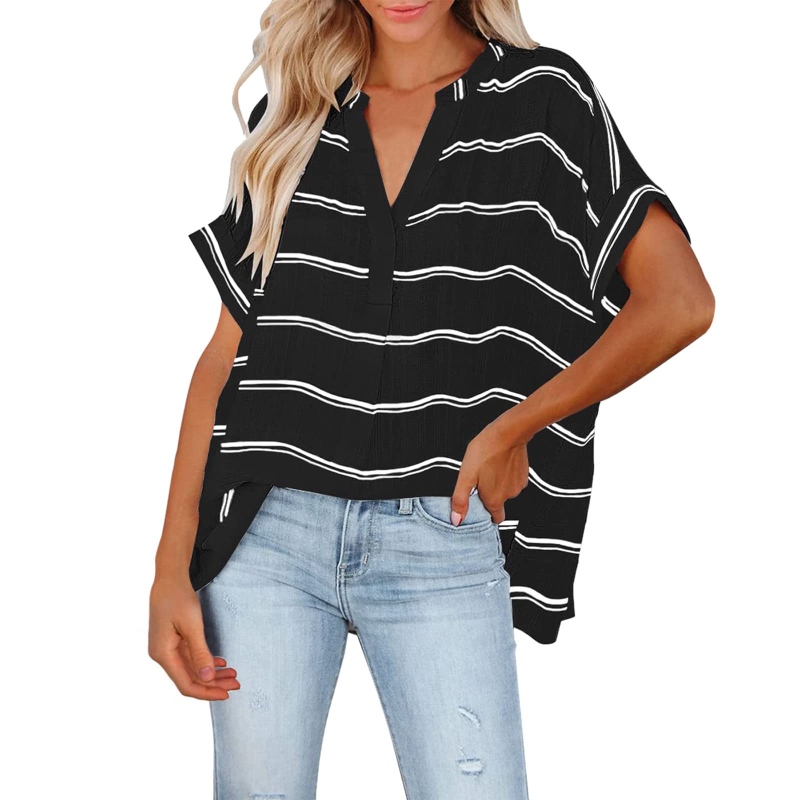 Women's Striped V-Neck Short Sleeve T-Shirt - Casual Batwing Blouse & Maxi Tee (Black, XL) - Perfect for Everyday Wear, Summer Outfits & Lounge Fashion