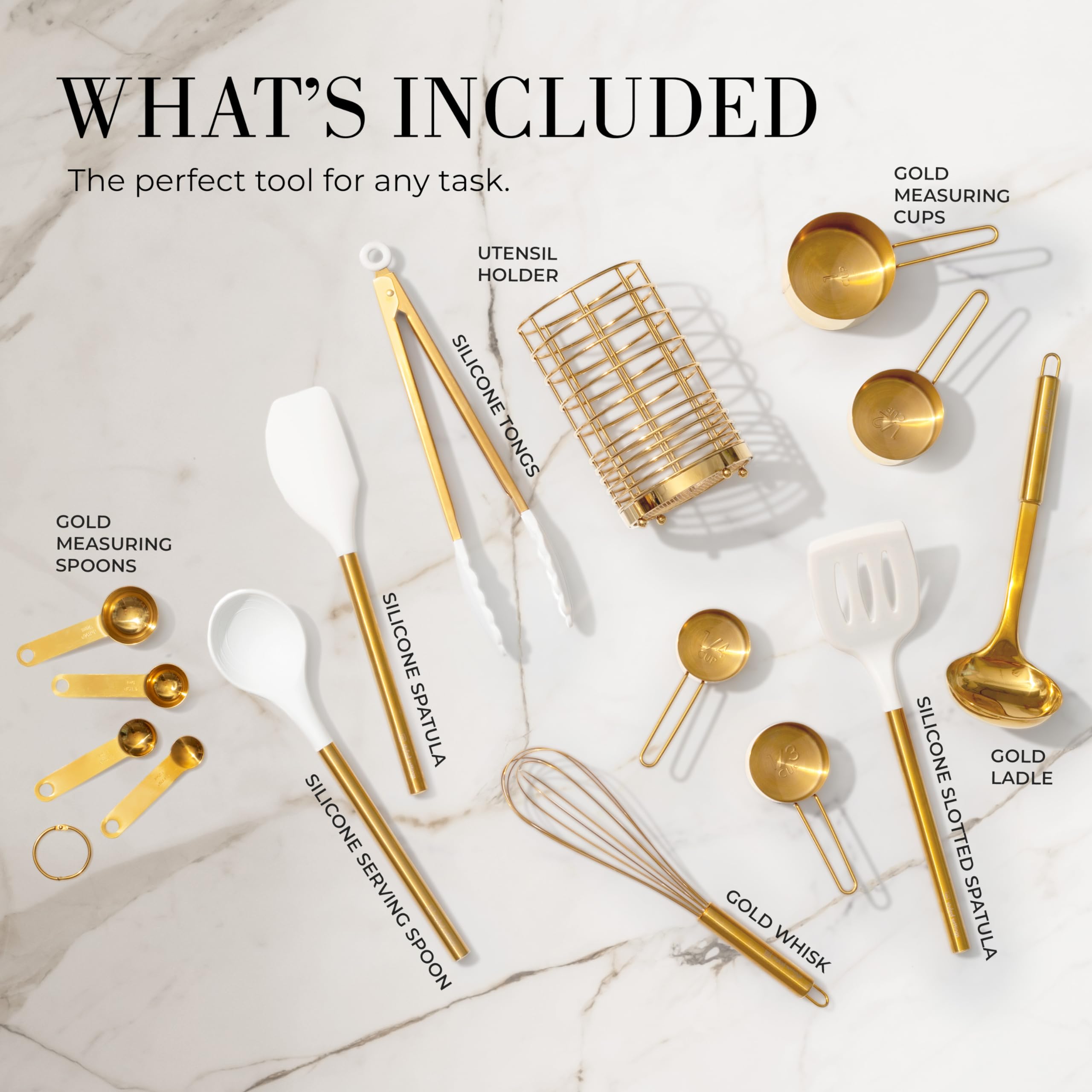 Premium 15-Piece White & Gold Silicone Cooking Utensil Set with Holder - Includes Measuring Cups & Spoons - Elegant Kitchen Tools for Baking, Cooking & Serving - Perfect Wedding & Housewarming Gift for Home Chefs