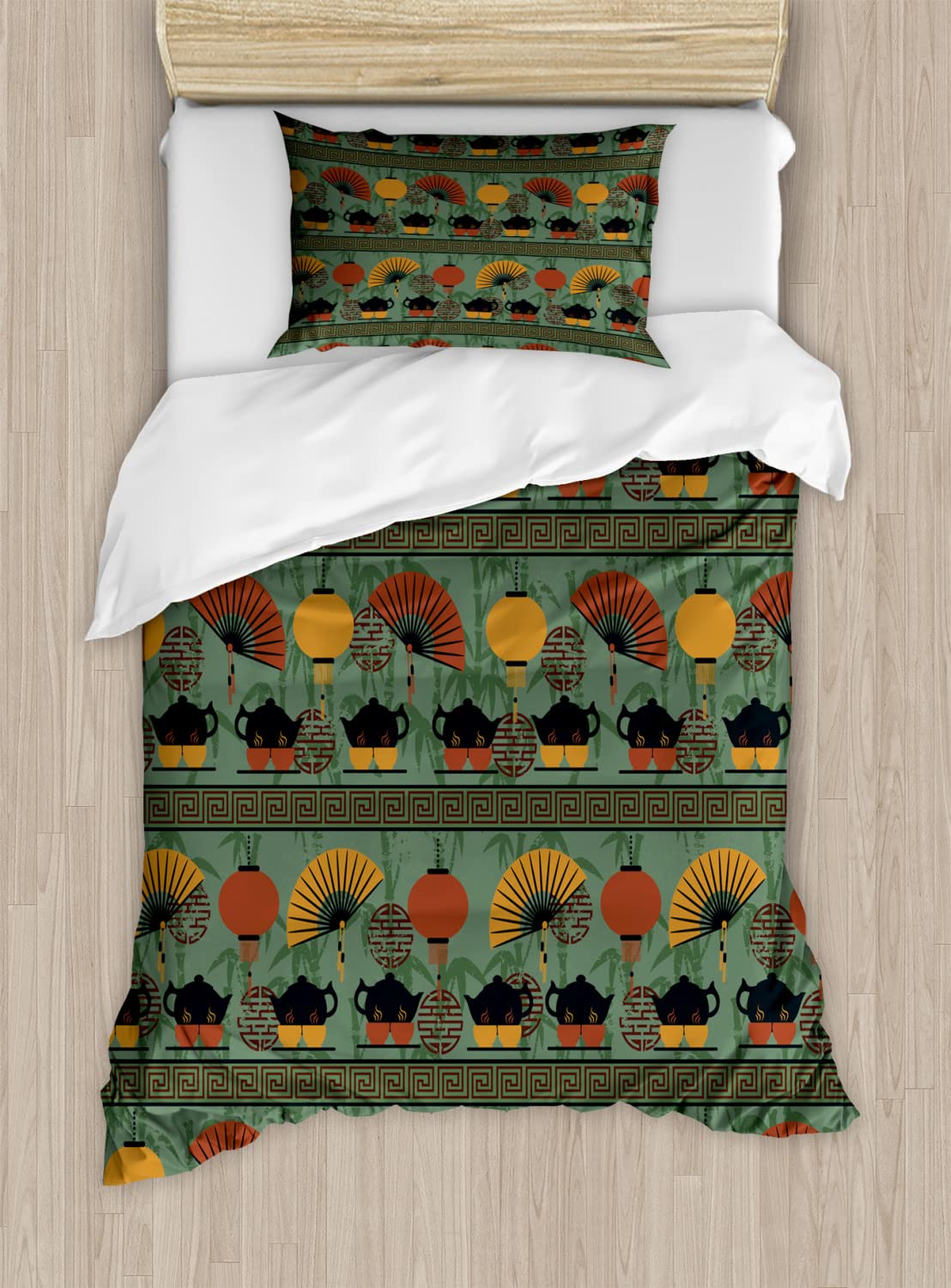 Ambesonne Traditional Chinese Teapot Duvet Cover Set - 2 Pack Cal King Size Floral Print Bedding with 2 Pillowcases - Reseda Green & Marigold Design for Tea Party Themed Bedroom Decor