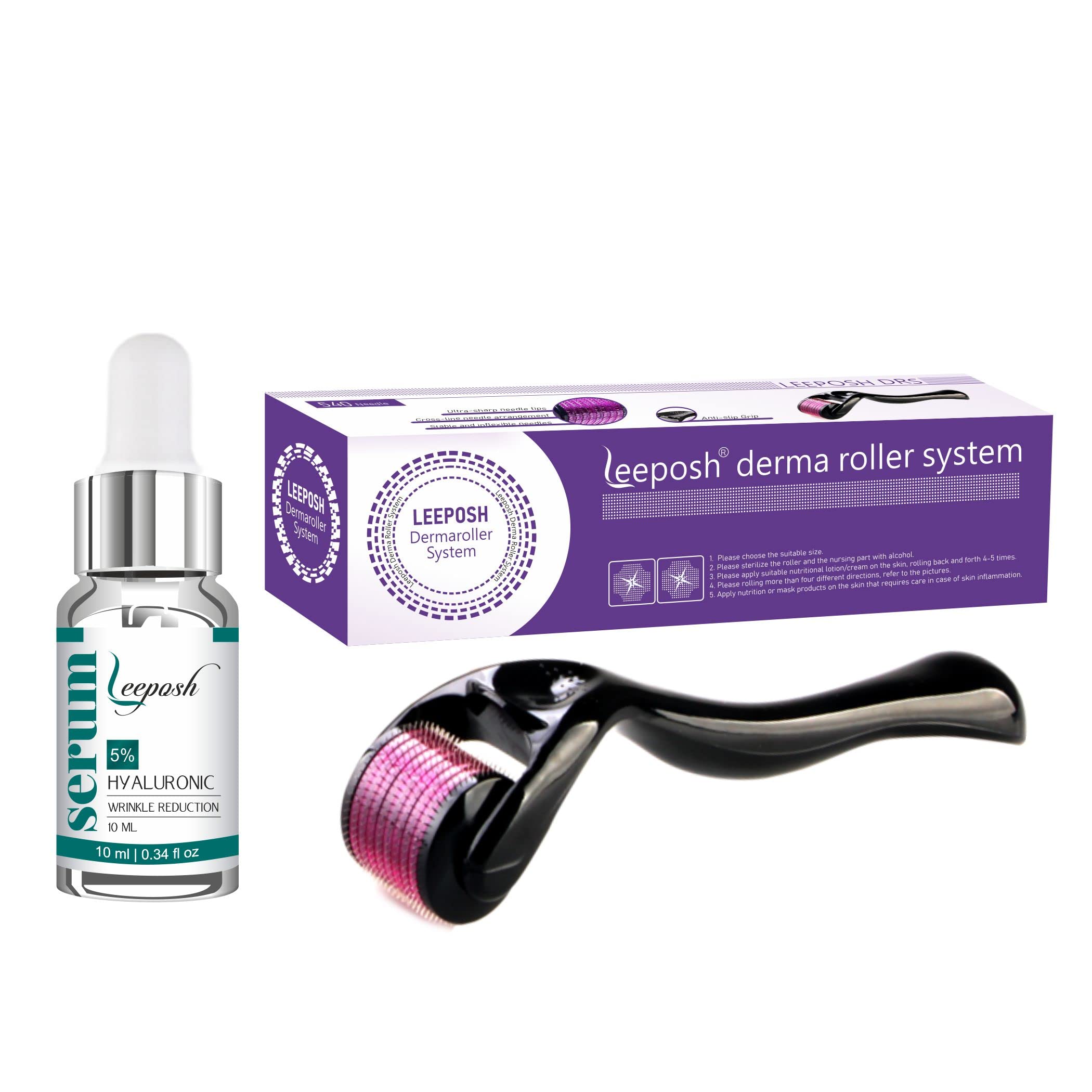 Leeposh 0.5mm Derma Roller with Hyaluronic Acid Serum - Professional Microneedling Tool for Acne Scars, Wrinkles, Stretch Marks & Hair Growth - At-Home Skin Care Treatment for Face & Body - Perfect for Anti-Aging & Skin Rejuvenation Routine