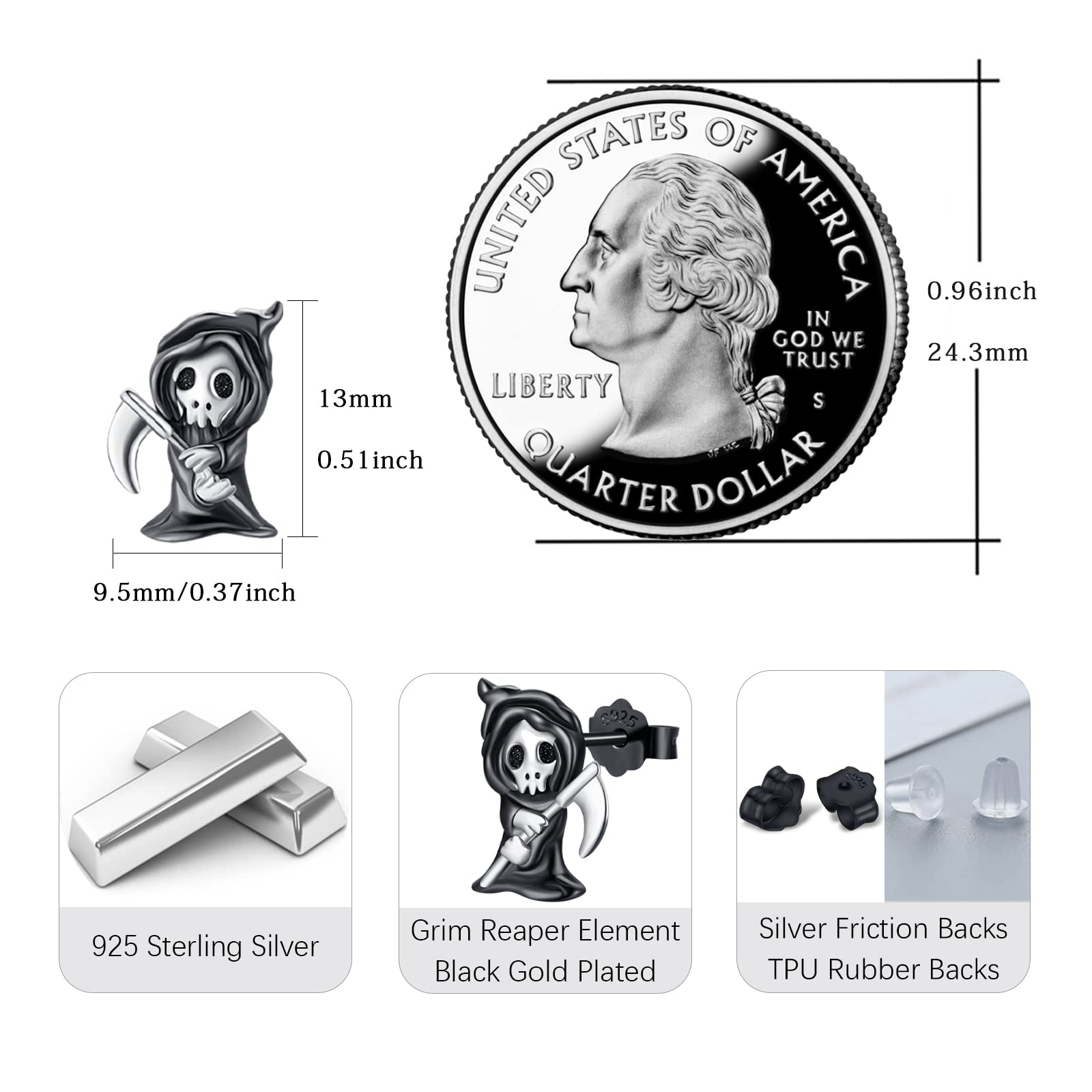 Grim Reaper Earrings - Sterling Silver Ghost Stud Earrings for Women | Gothic Devil Jewelry | Halloween Accessories | Skull Punk Fashion | Perfect for Cosplay, Goth Parties & Alternative Style