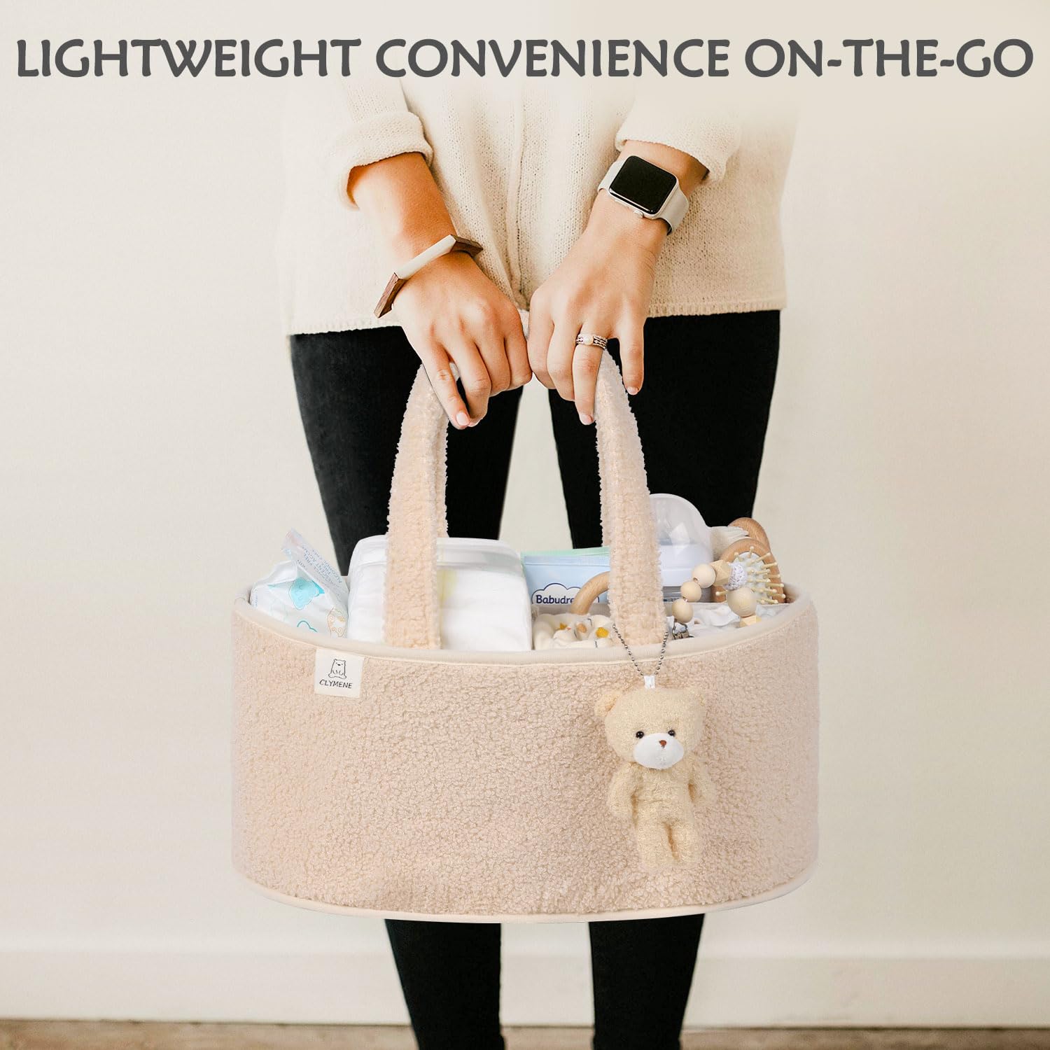 CLYMENE Baby Diaper Caddy Organizer - Portable Nursery Storage Basket for Diapers, Wipes & Baby Essentials | Newborn Changing Table Organizer | Perfect Baby Shower Gift & Registry Item | Travel Diaper Tote Bag for Car & Home Use - Ivory