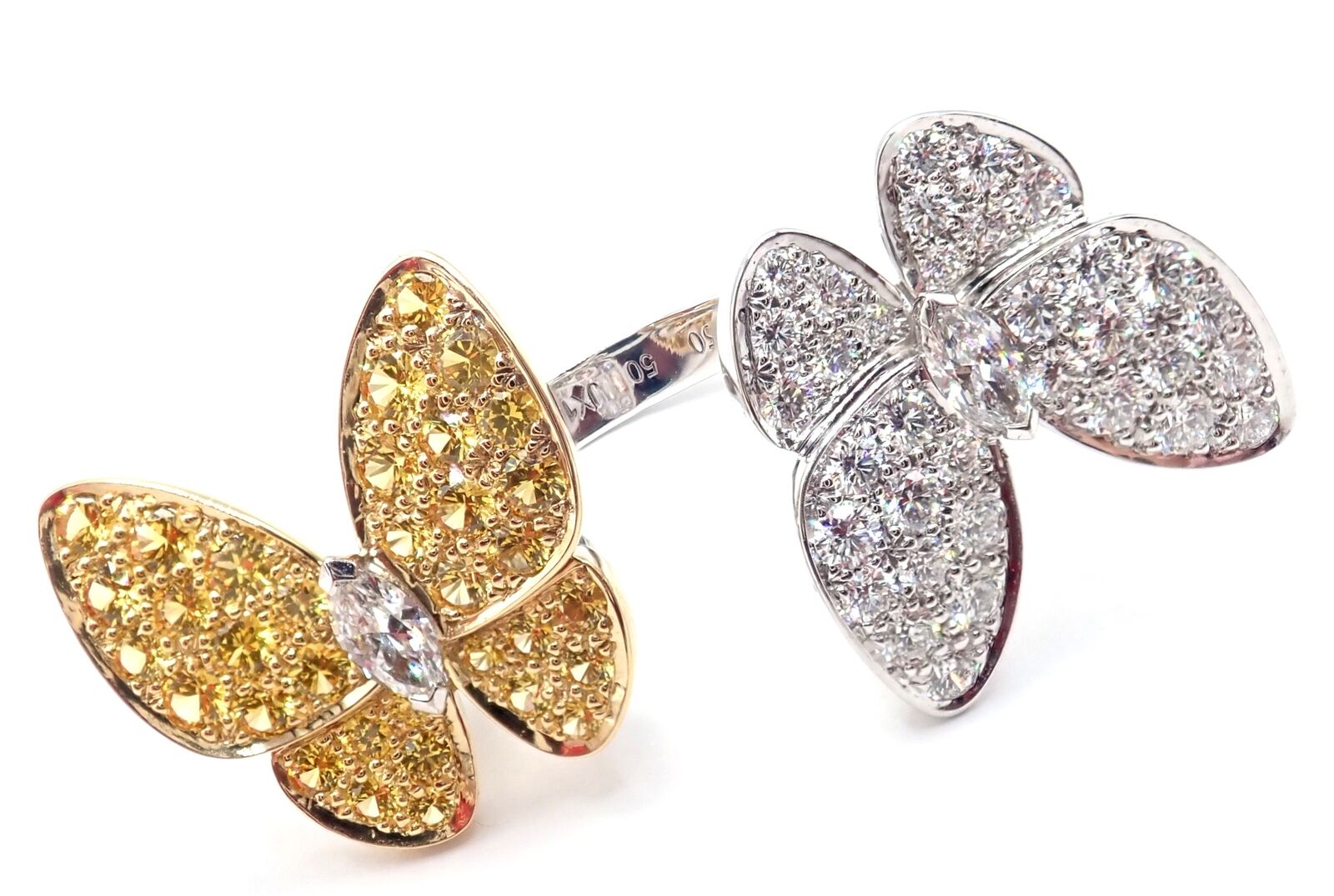 Van Cleef & Arpels 18k Gold Diamond Sapphire Two Butterfly Between Finger Ring - Luxury Stackable Ring for Women, Elegant Jewelry Gift for Anniversary & Special Occasions