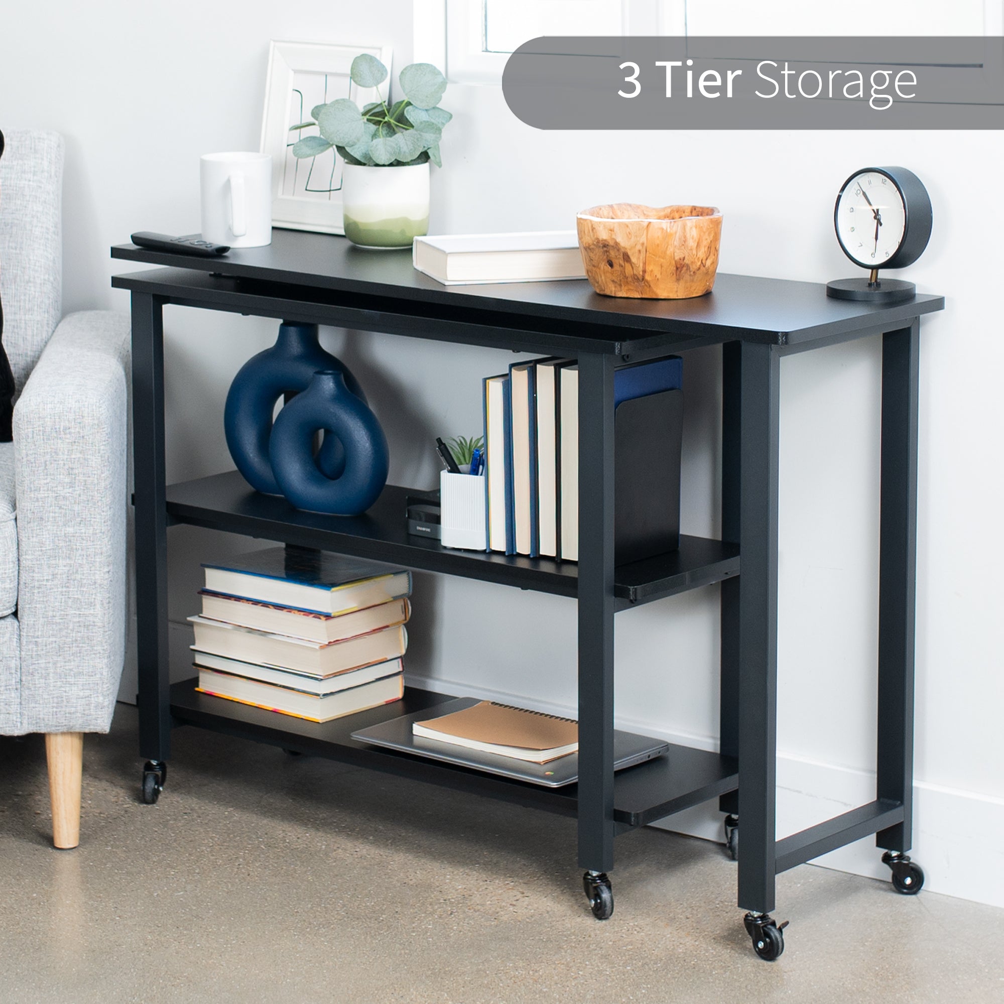 43 x 13 Inch Swivel Out Sofa Table with Wheels - Adjustable Rolling Couch Table for Living Room, Bedroom, and Office Use