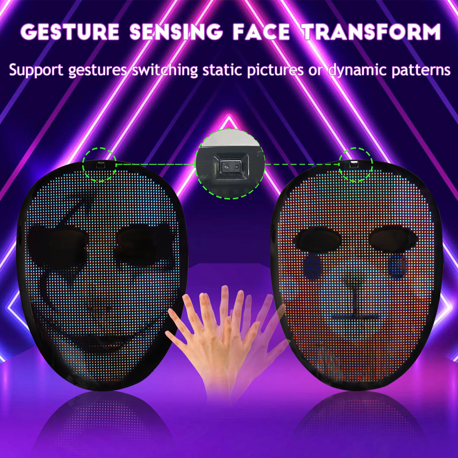 Depointer Life LED Face Mask with Voice Recognition & Gesture Control - Programmable App, Multi-Pattern Light Display for Cosplay, Rave Parties & Festivals