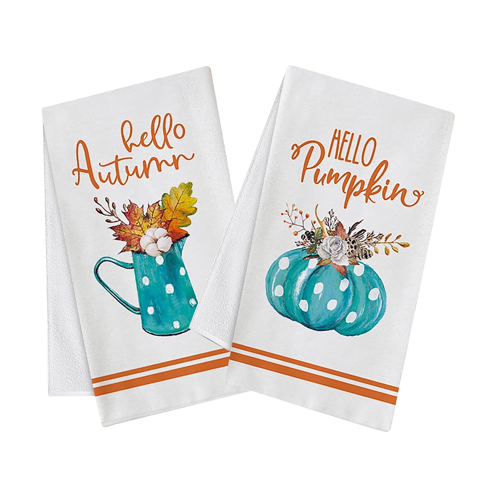 QQtangYA 28-inch Fall Gnomes with Maple Leaf Print - Soft Pumpkin Kitchen Towels Set of 2 (White) - Oversized Dishcloths for Autumn Home Decor, Thanksgiving Table Setting & Cozy Farmhouse Kitchen