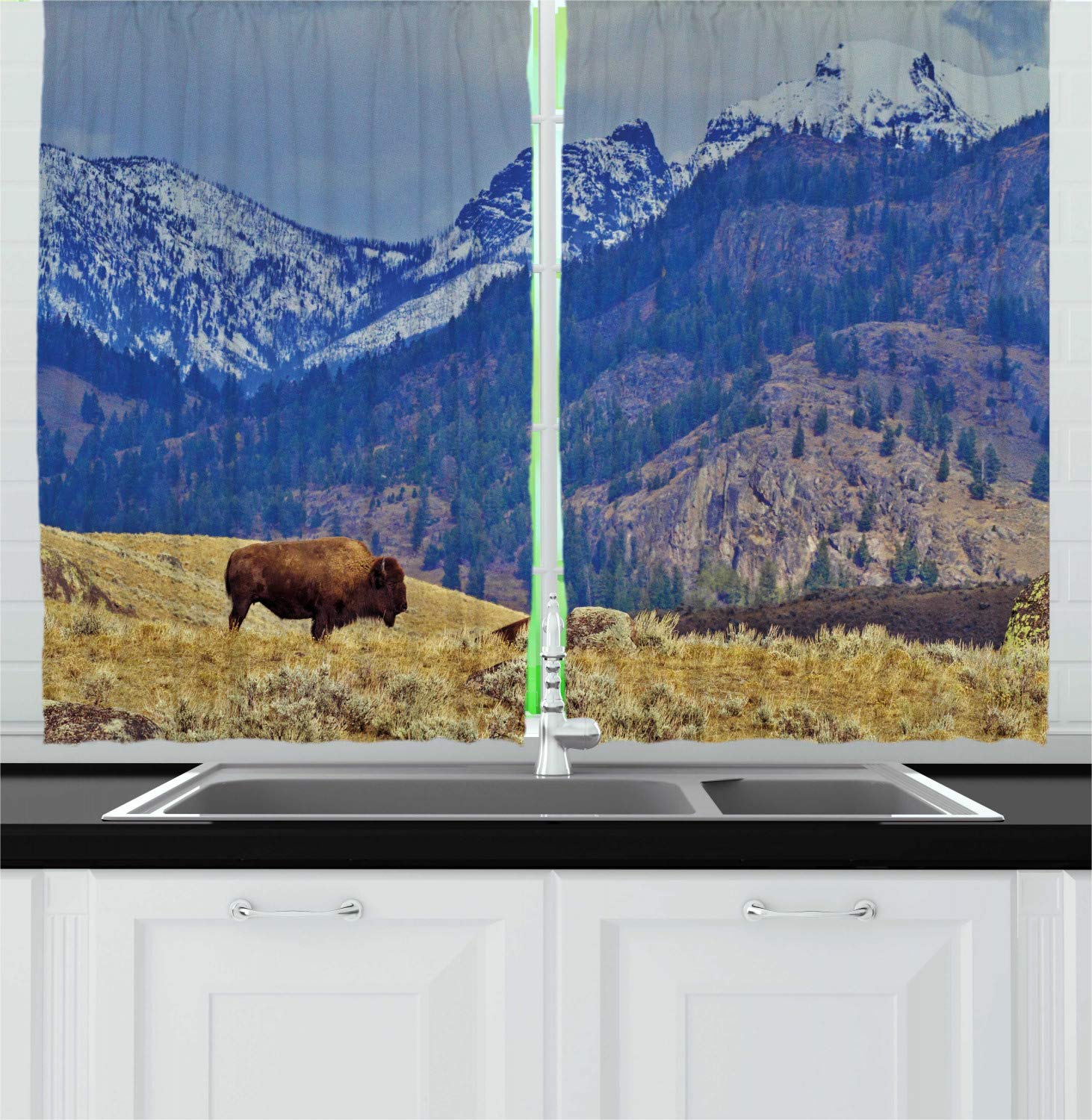 Ambesonne Wyoming Kitchen Curtains - Panoramic Yellowstone Landscape with Bison & Snowy Mountains, 2 Panel Set for Window Drapes, 55