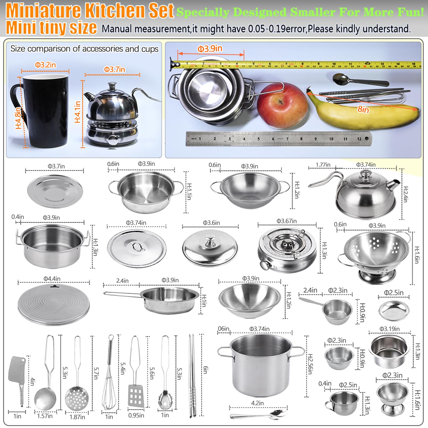 Mini Stainless Steel Kids Kitchen Pretend Play Set - Pots, Pans & Cooking Utensils for Toddlers | Durable Pretend Cookware Toy for Role Play & Early Learning | Perfect for Home, Preschool & Playroom