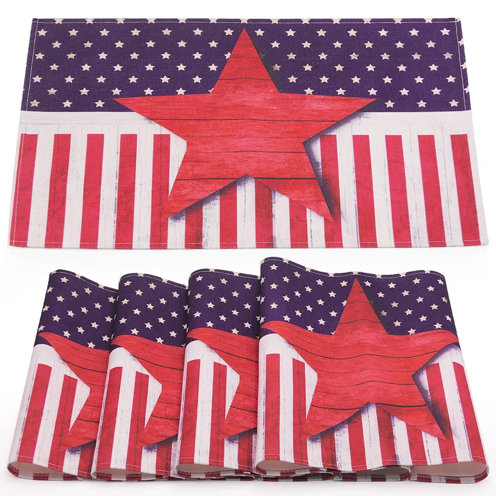 4th of July Patriotic Placemats Set of 4 - Washable Heat Resistant Cotton Linen American Flag Table Mats for Dining Table - Red White and Blue Star Decor for Home Kitchen - Perfect for Independence Day BBQs & Holiday Gatherings