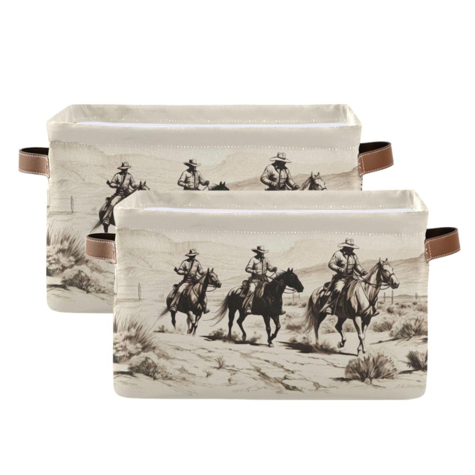 Vintage Cowboy Style Foldable Canvas Storage Baskets with Handles - 2 Pack Rectangle Fabric Organizer Boxes for Home, Office, Closet & Shelves | Perfect for Clothes, Toys, Blankets & Western Decor