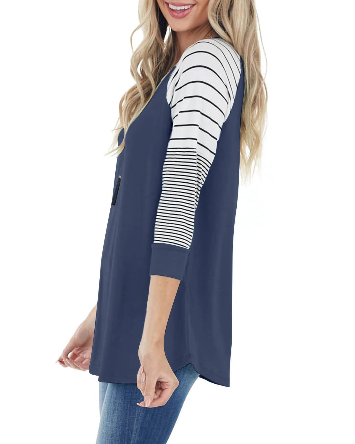 ReachMe Women's Casual 3/4 Sleeve Striped Raglan Tee - Loose Fit Crewneck T-Shirt Blouse for Everyday Wear, Work & Weekend Outfits