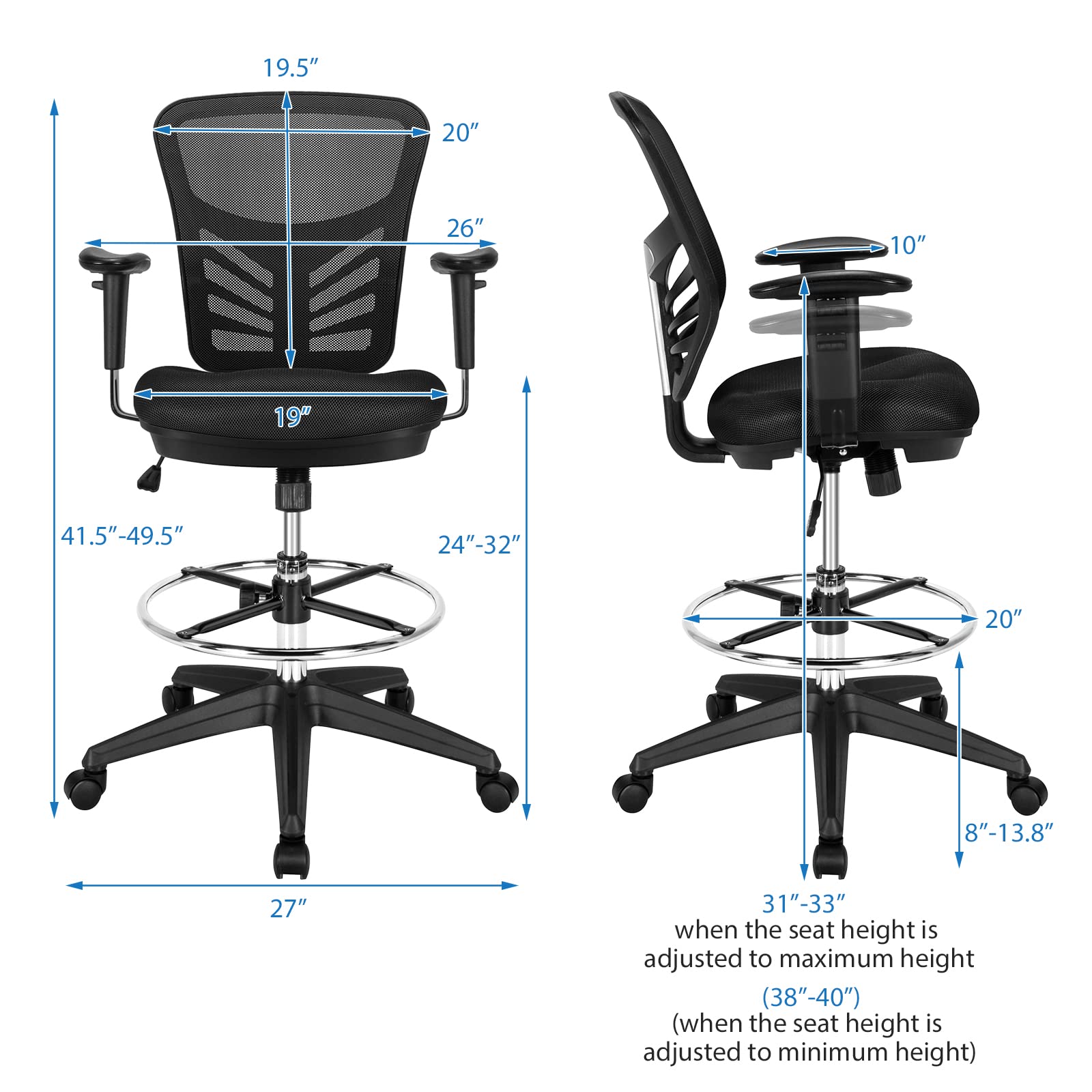 COSTWAY Ergonomic Mesh Office Chair with Adjustable Footrest & Armrests - Counter Height Standing Desk Chair, Rolling Height Adjustable Computer Drafting Chair for Home Office (Black) | Perfect for Long Work Hours, Gaming & Remote Work