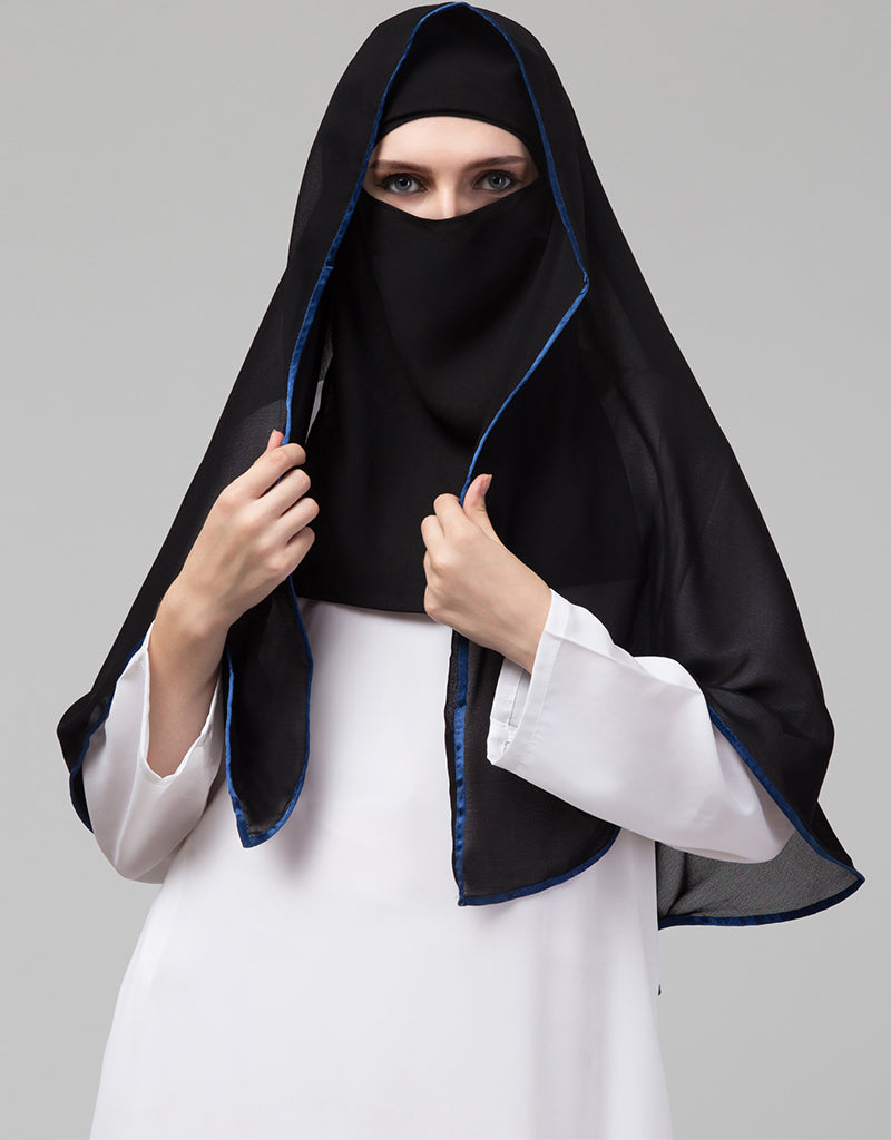 Royal Blue & Black Polyester Georgette Hijab Scarf - Lightweight Breathable Muslim Head Cover for Women - Perfect for Daily Wear, Prayer & Special Occasions