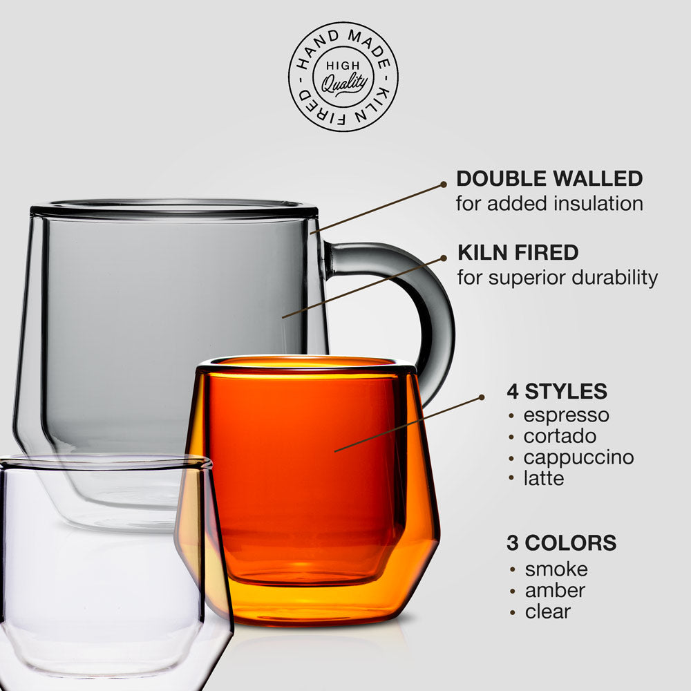 Double Wall Glass Mug Set of 2 (8oz/240ml) - Clear Insulated Coffee Cup for Hot & Cold Drinks - Perfect for Home, Office, and Camping Use