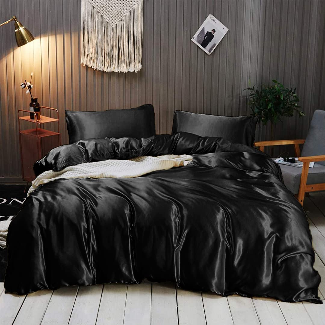 Luxury 7-Piece Silk Satin Sheet Set - Queen Size Black Bedding with Deep Pockets - Breathable & Cooling Hotel Quality Duvet Cover - Wrinkle Free for Ultimate Comfort - Perfect for Master Bedroom, Guest Room & Spa Retreats