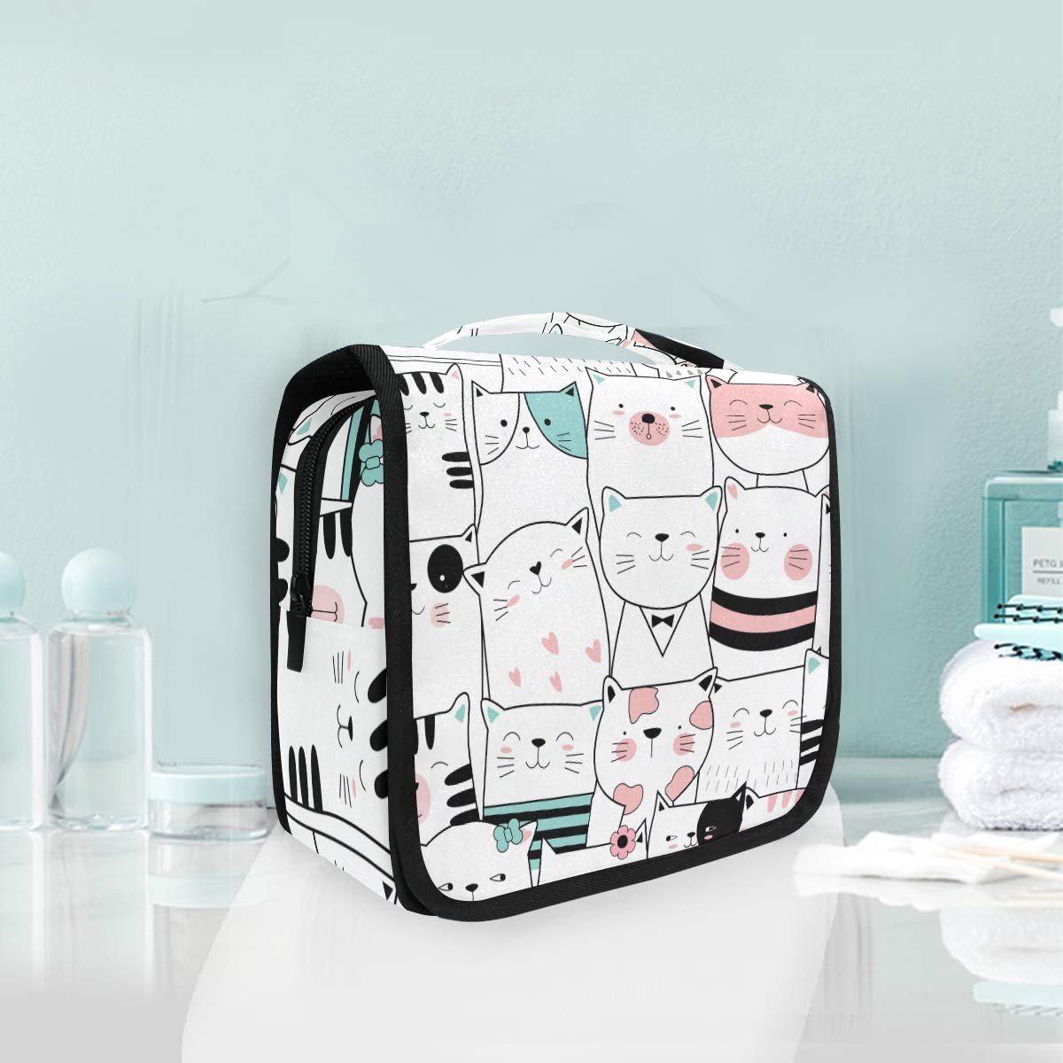 MOYYO Cute Cartoon Cat Travel Hanging Toiletry Bag - Waterproof Cosmetic Makeup Organizer Pouch for Women & Men - Perfect for Shower, Gym, Camping & Vacation Trips
