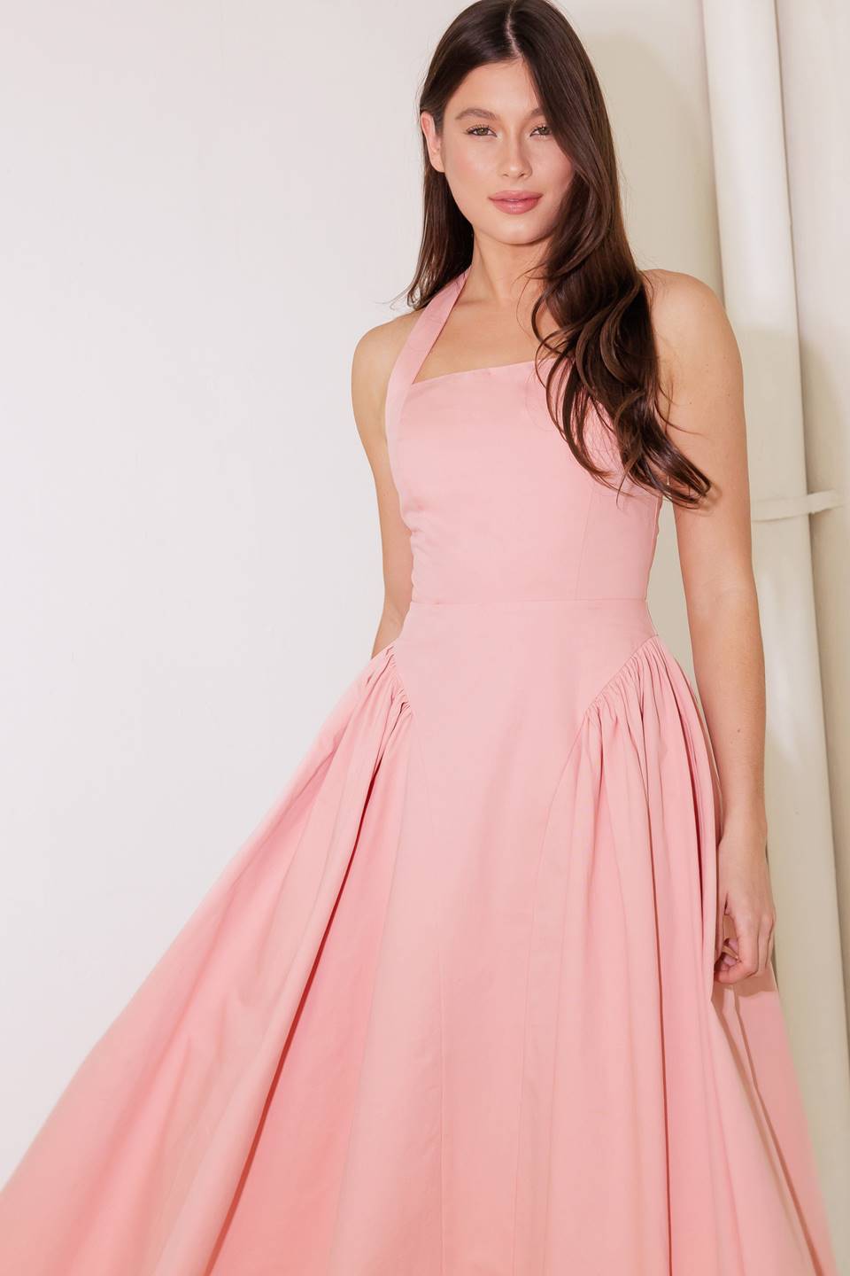 Soft Pink Halter Midi Dress for Women - Elegant Rainy Day Outfit for Summer Beach Parties & Casual Dates