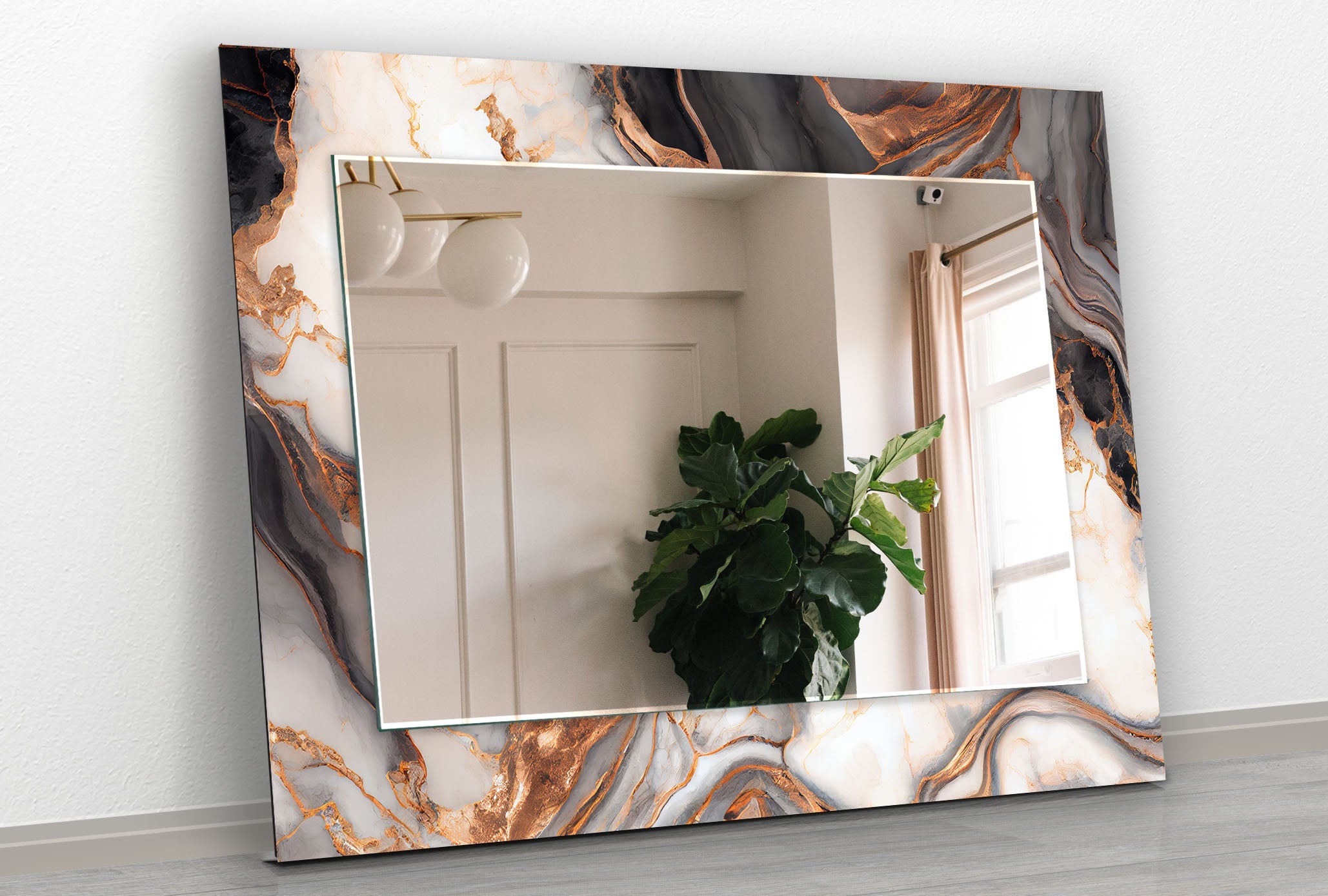 Stylish Black & White Brown Details Wall Mirror - Elegant Home Decor for Living Room, Bedroom, or Entryway
